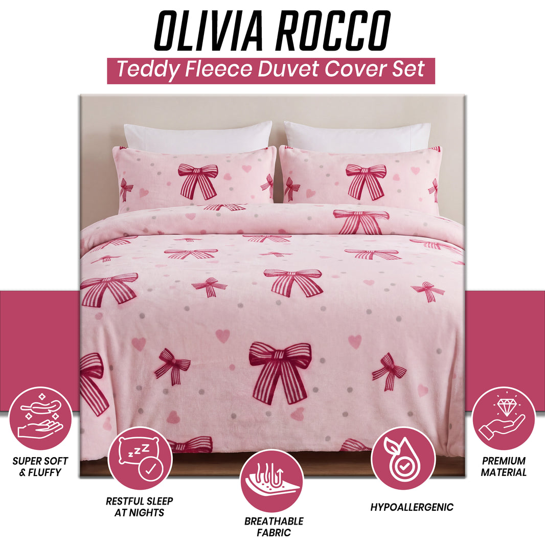 OLIVIA ROCCO Pink Bows Teddy Fleece Duvet Cover Set Soft Cosy Warm Bedding with Pillowcases Single Double King