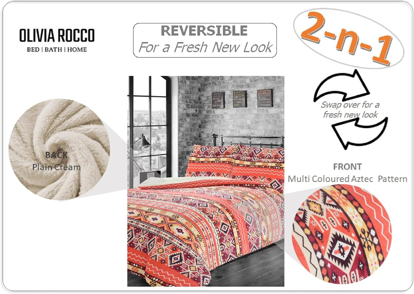 Aztec Print Teddy Fleece Duvet Set with Reversible Sherpa Fur Luxurious Winter Comfort in Single Double King Sizes by OLIVIA ROCCO Duvet Cover