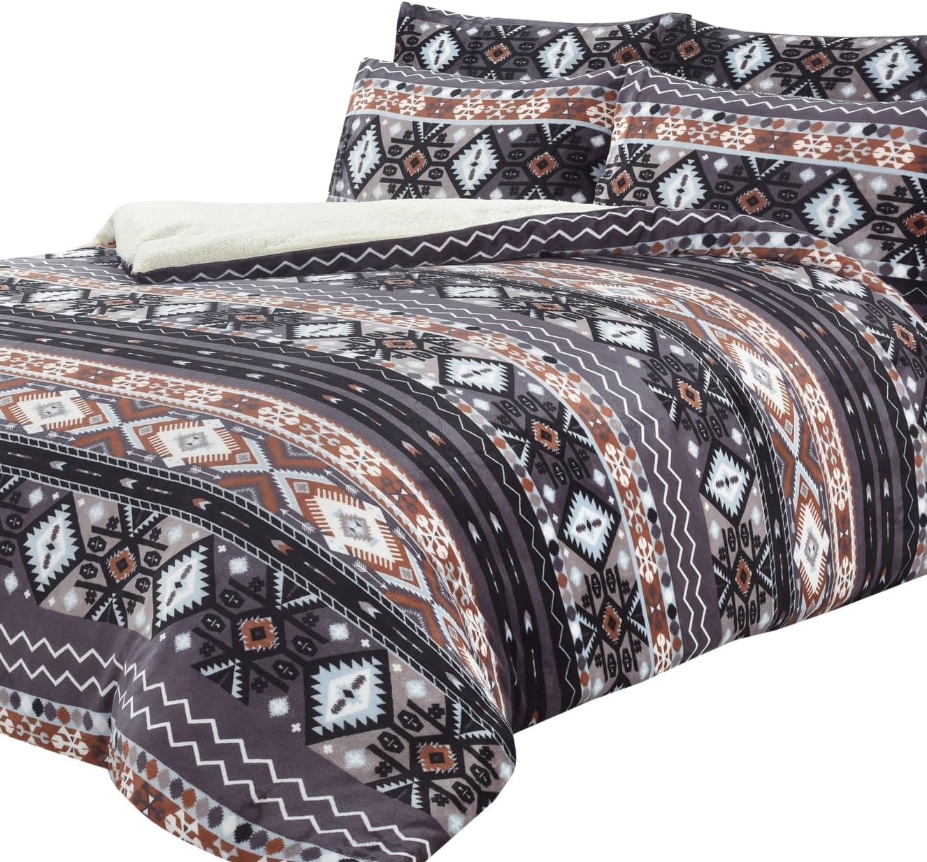 Aztec Print Teddy Fleece Duvet Set with Reversible Sherpa Fur Luxurious Winter Comfort in Single Double King Sizes by OLIVIA ROCCO SINGLE / GREY Duvet Cover