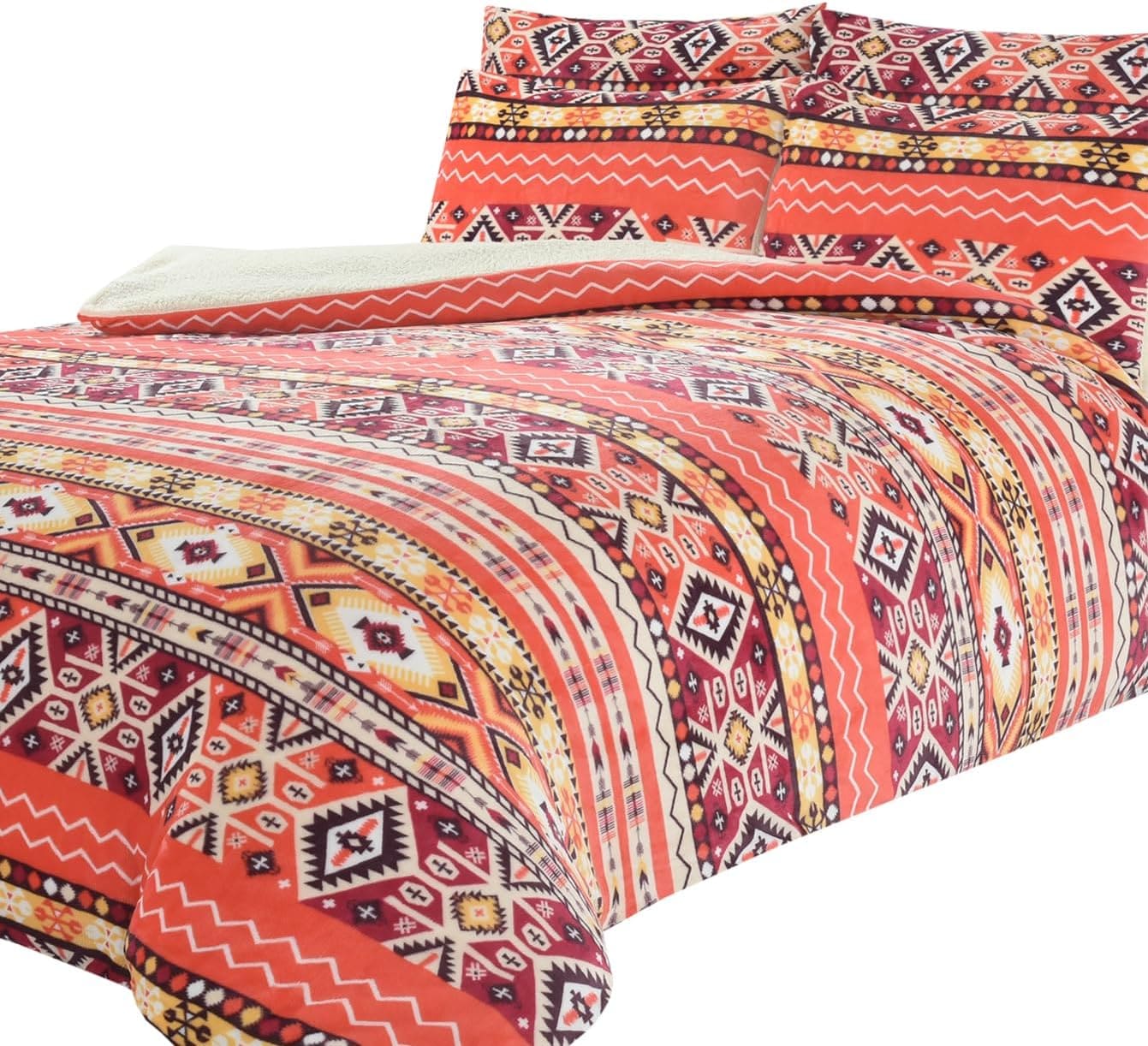Aztec Print Teddy Fleece Duvet Set with Reversible Sherpa Fur Luxurious Winter Comfort in Single Double King Sizes by OLIVIA ROCCO SINGLE / ORANGE Duvet Cover