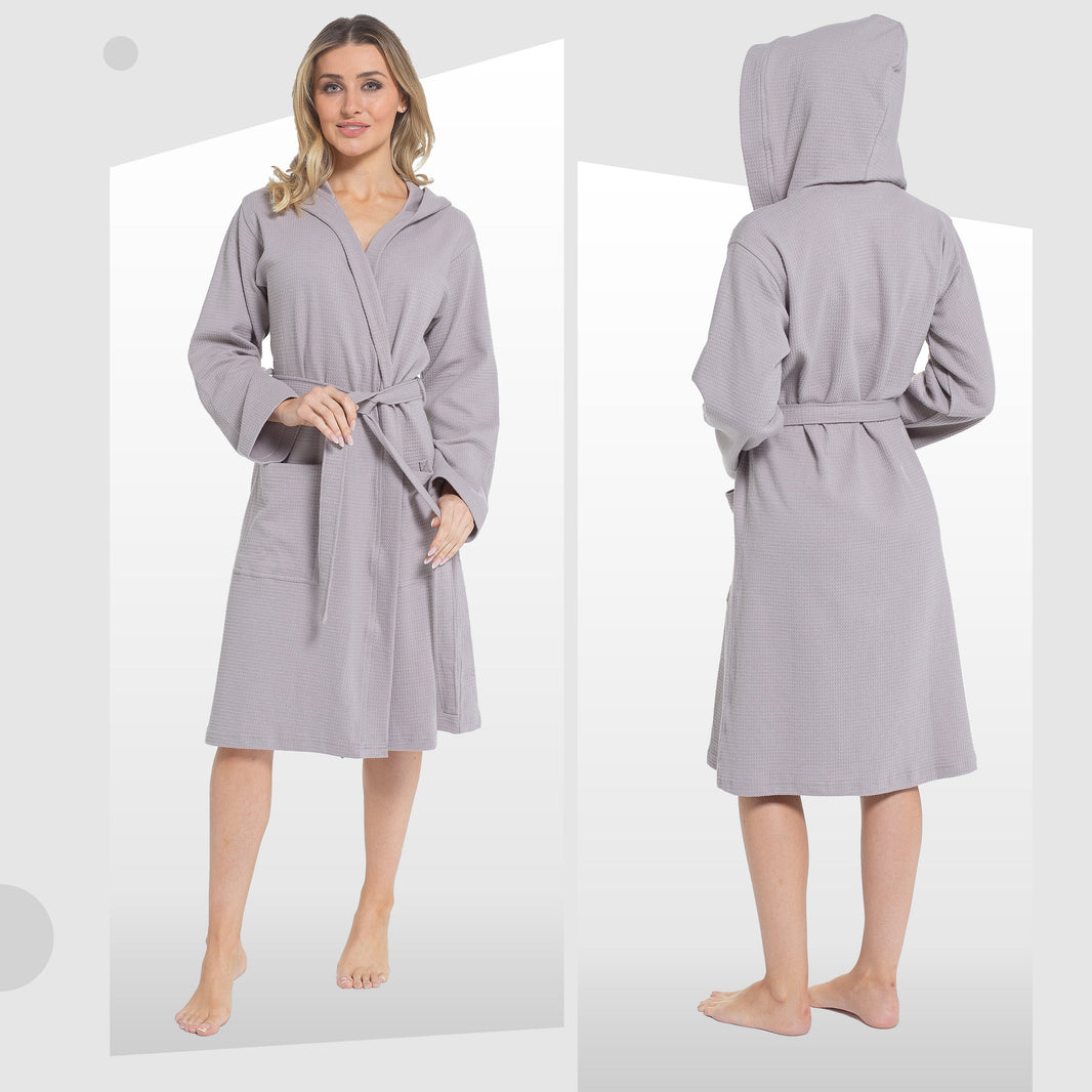 Women's Hooded Waffle Cotton Bathrobe Grey Super Absorbent Spa Dressing Gown for Home Lounge & Travel by Daisy Dreamer Bathrobe