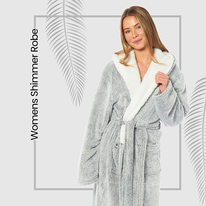 Women's Soft Plush Shimmer Fleece Hooded Bath Robe Luxurious Dressing Gown for Lounging and Sleeping in Shimmer Grey Multiple Sizes by Daisy Dreamer Dressing Gown