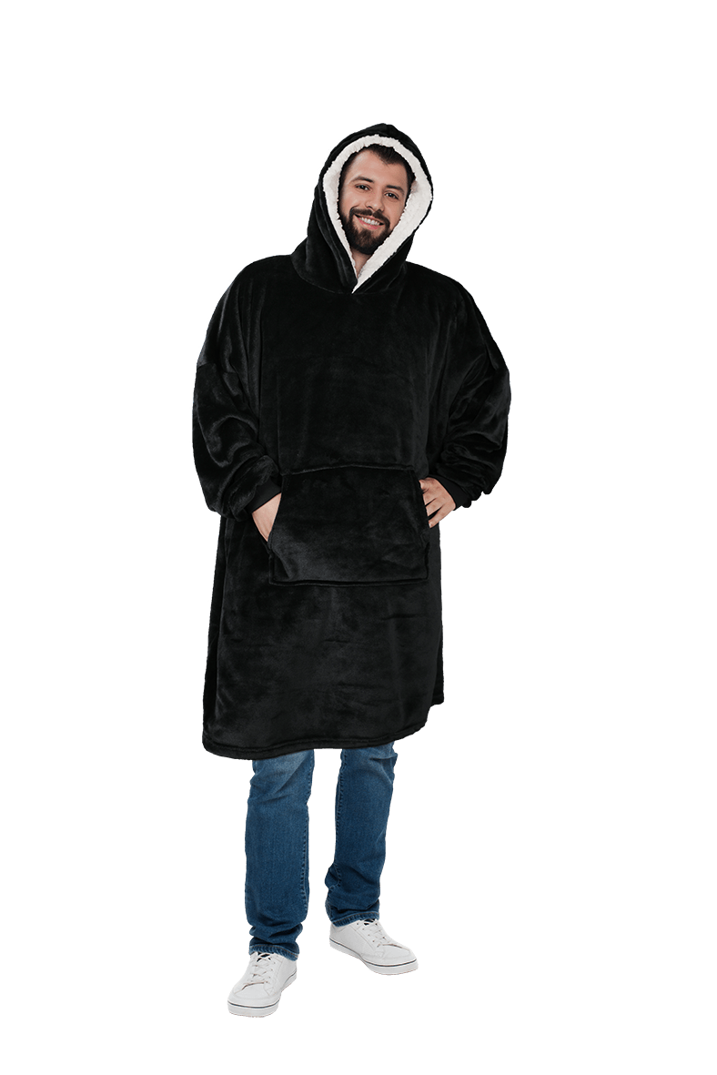 Men's Oversized Hooded Blanket Giant Sherpa Lined Hoodie with Hood and Pocket for Ultimate Warmth and Comfort Grey Stars by Daisy Dreamer BLACK Hooded Blanket