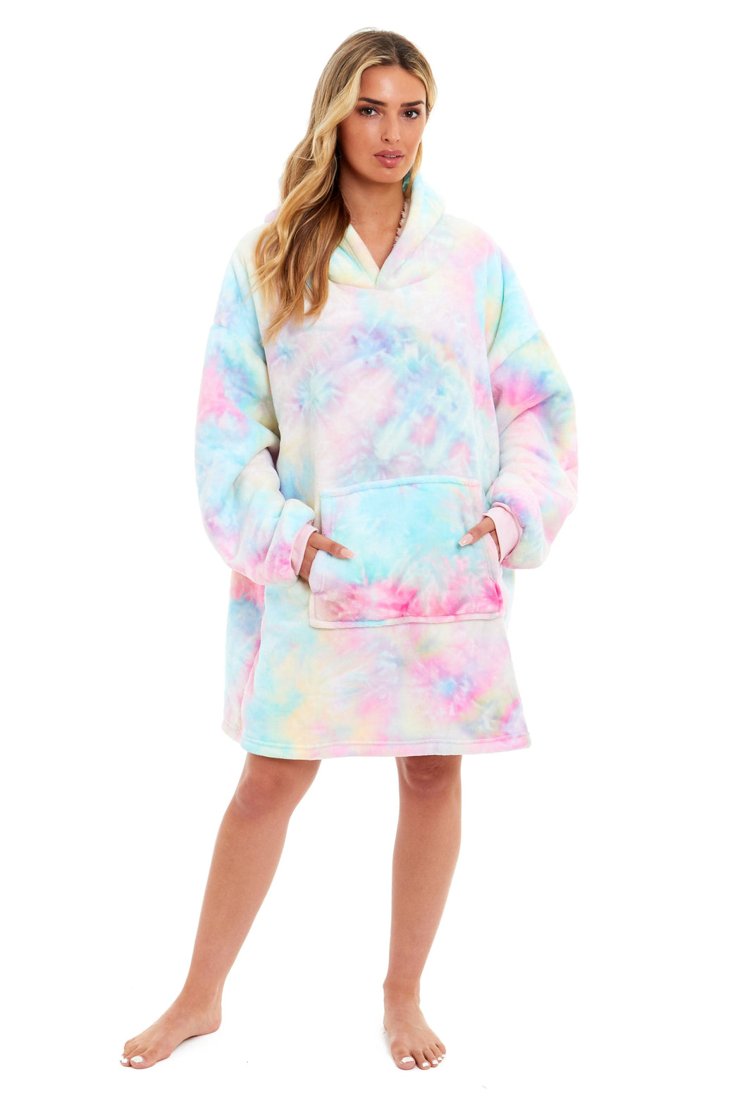 Oversized Tie Dye Rainbow Hooded Plush Fleece Blanket with Reversible Ultra Soft Sherpa, Giant Hoodie Sweatshirt for Adults and Kids with Elastic Cuffs and Pocket by Daisy Dreamer Hooded Blanket