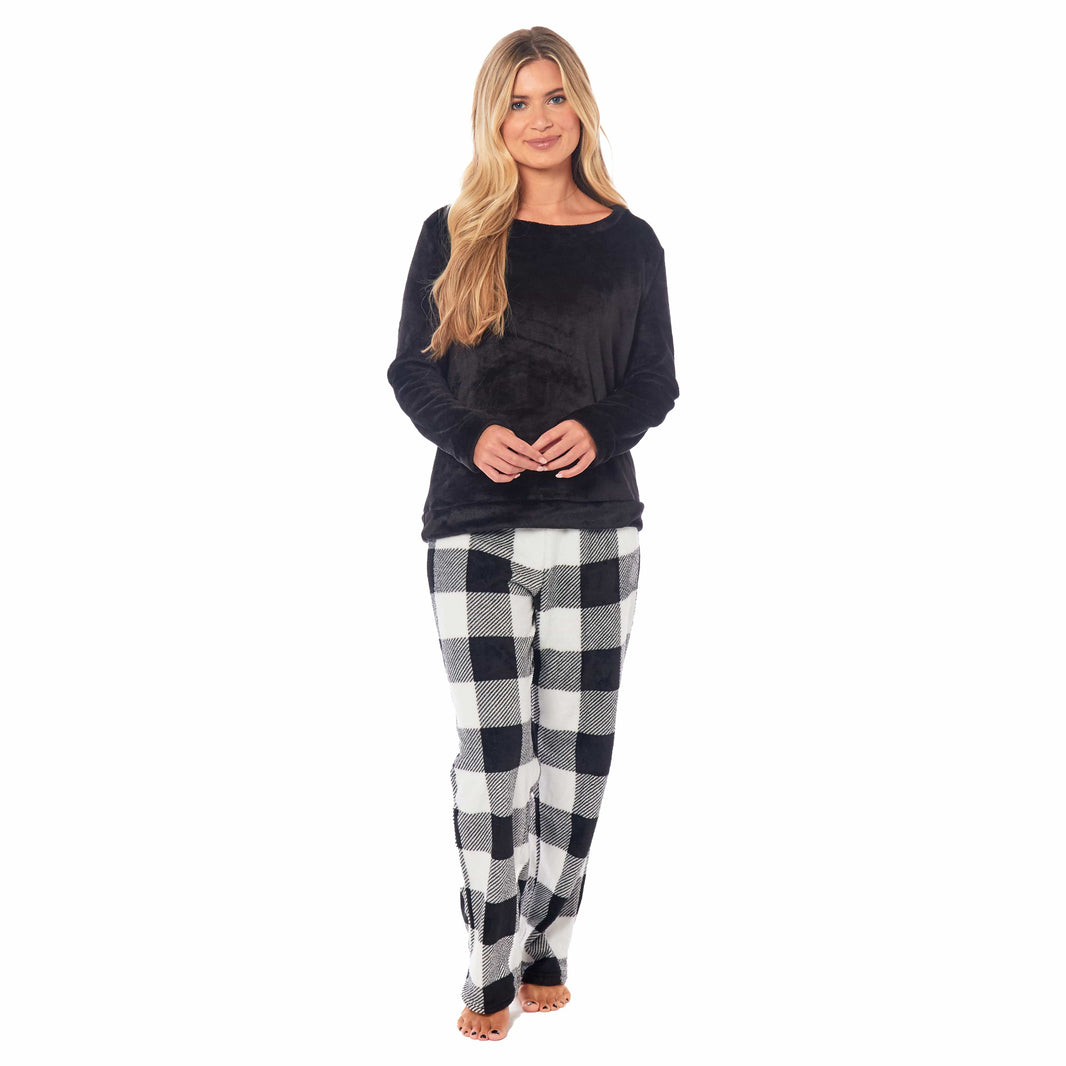 Women's Buffalo Check Fleece Pajama Set Long Sleeve Top and Bottoms Luxuriously Soft Nightwear for Cozy Comfort in Various Sizes by Daisy Dreamer Pyjamas