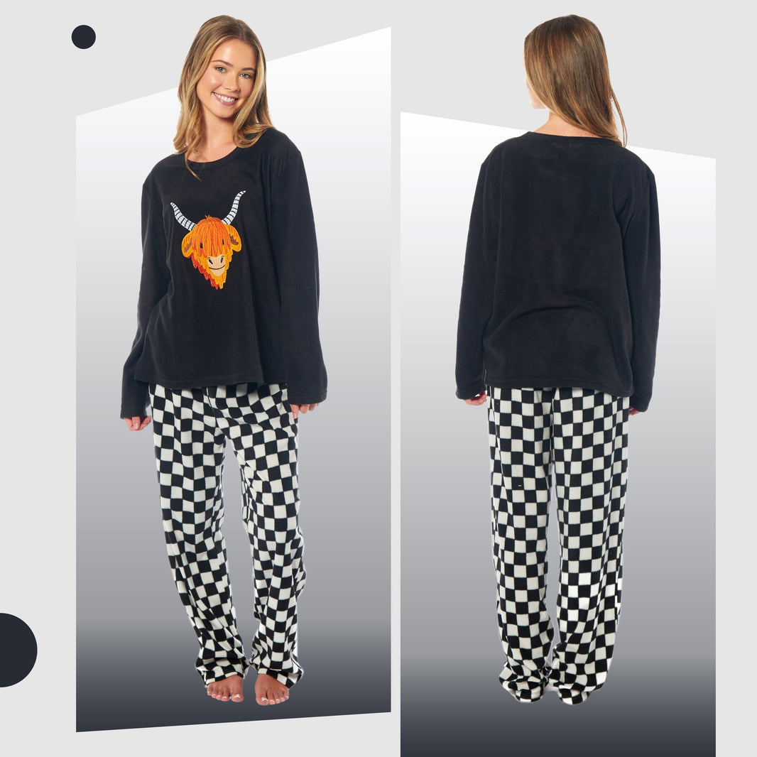 Women's Highland Cow Thermal Fleece Pyjamas Set Soft Warm Winter PJs Animal Print Loungewear Sleepwear Long Sleeve Top and Bottom by Daisy Dreamer Pyjamas