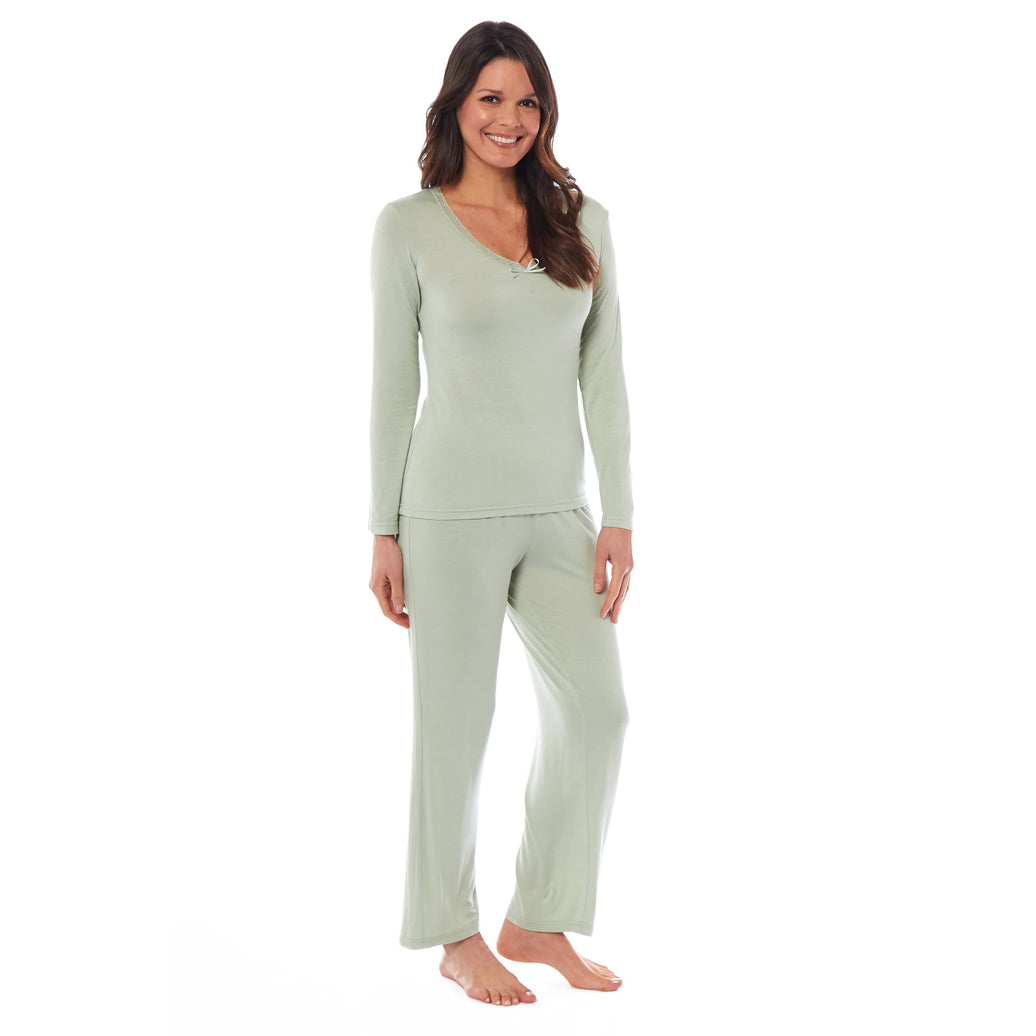 Ladies Long Sleeve Pyjama Set Ultra Soft Viscose Spandex Black Green Cozy Stretch Fit Nightwear UK Sizes 8-22 by Daisy Dreamer SMALL | UK 8-10 / SAGE GREEN Pyjamas