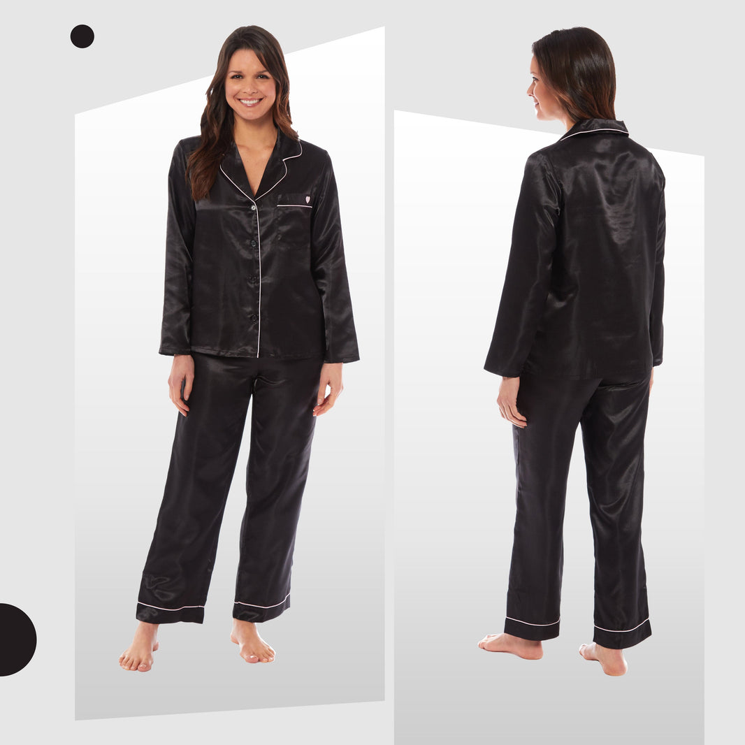 Women's Satin Silk Luxurious Pyjama Set with Dress Shirt Collar and Loose-Fitting Pants in Black Pink Grey by Daisy Dreamer Pyjamas