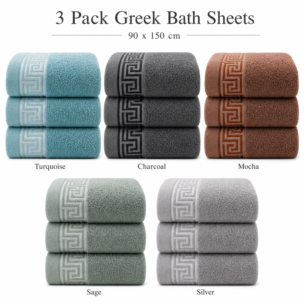 OLIVIA ROCCO Greek Microfibre Bath Sheets 3 Pack Super Absorbent 90 x 150 cm