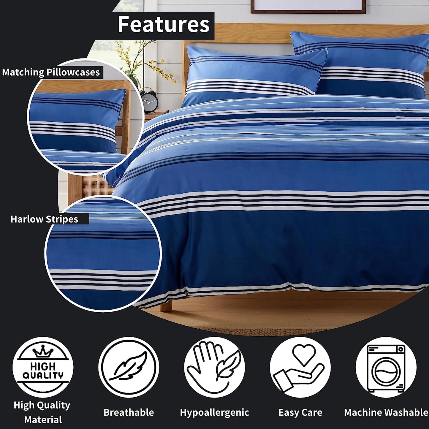 Harlow Stripes Blue Duvet Cover Set with Pillowcases Breathable Polyester Button Closure Bedding Available in Single Double and King Sizes by OLIVIA ROCCO Duvet Cover