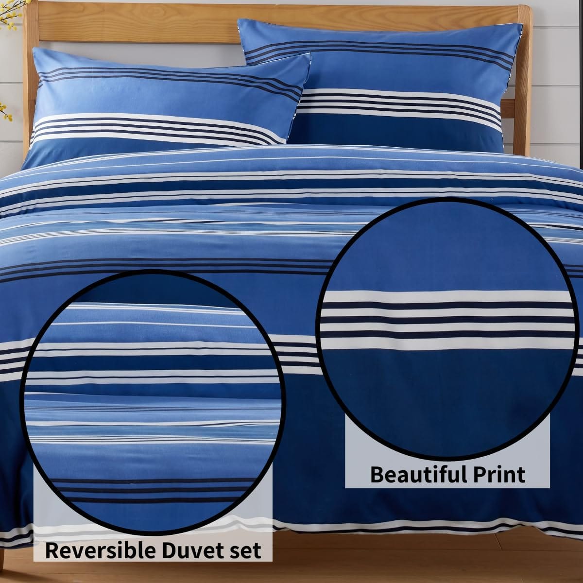 Harlow Stripes Blue Duvet Cover Set with Pillowcases Breathable Polyester Button Closure Bedding Available in Single Double and King Sizes by OLIVIA ROCCO Duvet Cover