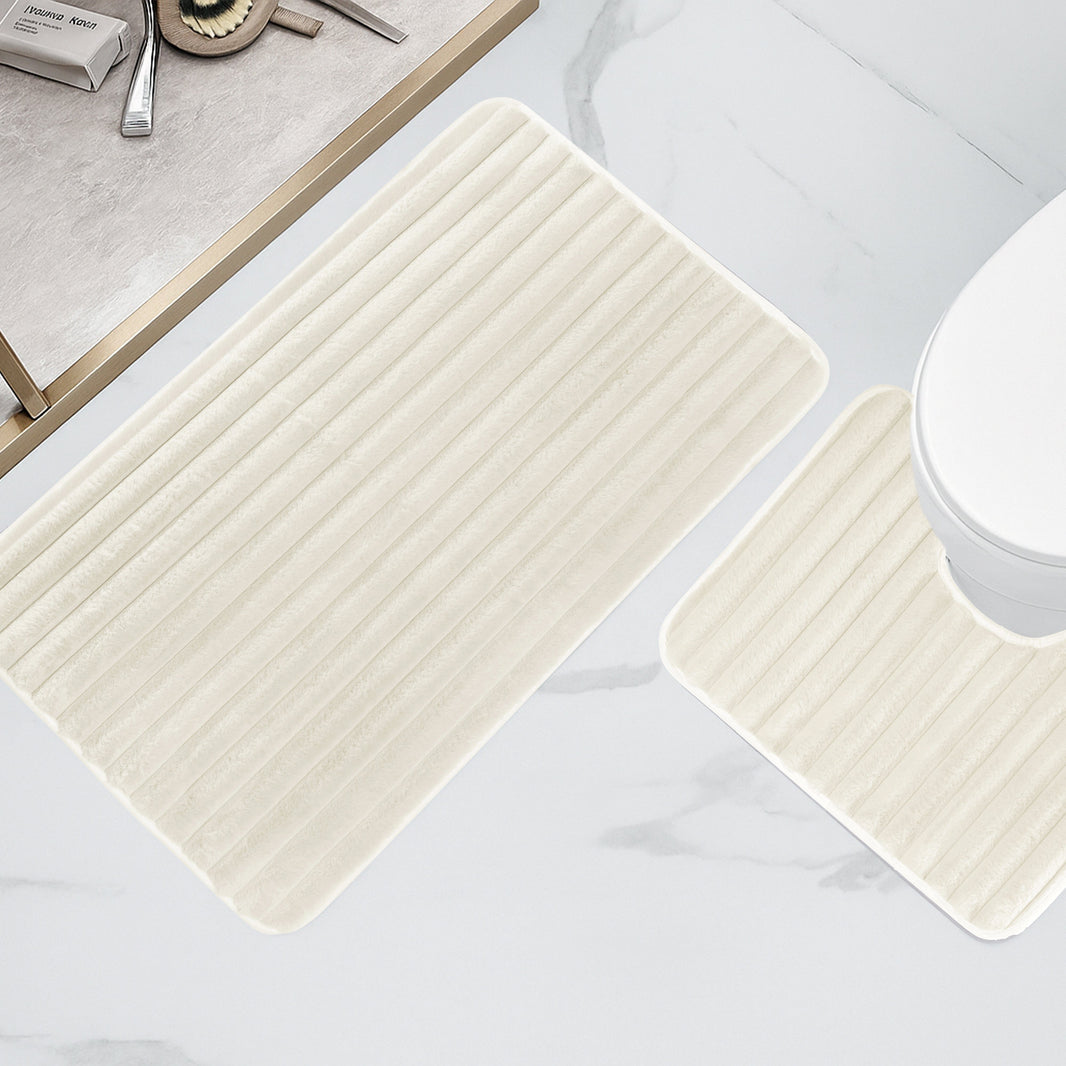 2 Piece Ribbed Bath Mat Set in Cream Extra Soft Non Slip Super Absorbent Bathroom & Toilet Mats Easy Care Rug by OLIVIA ROCCO CREAM Bath Mat