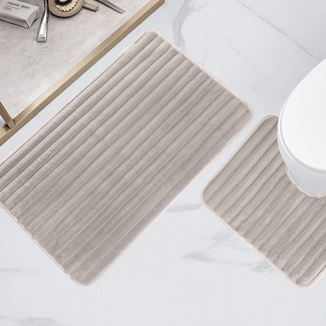2 Piece Ribbed Bath Mat Set in Natural Extra Soft Non Slip Super Absorbent Bathroom & Toilet Mats Easy Care Rug by OLIVIA ROCCO NATURAL Bath Mat