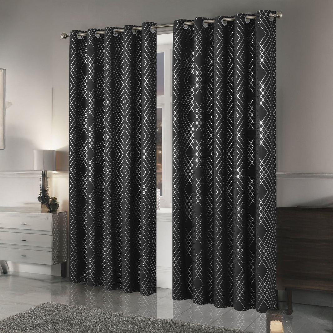 Geometric Black Sparkle Blackout Curtains Soft Thermal Insulated Eyelet Ring Top Living Room & Bedroom Drapes by OLIVIA ROCCO Curtain