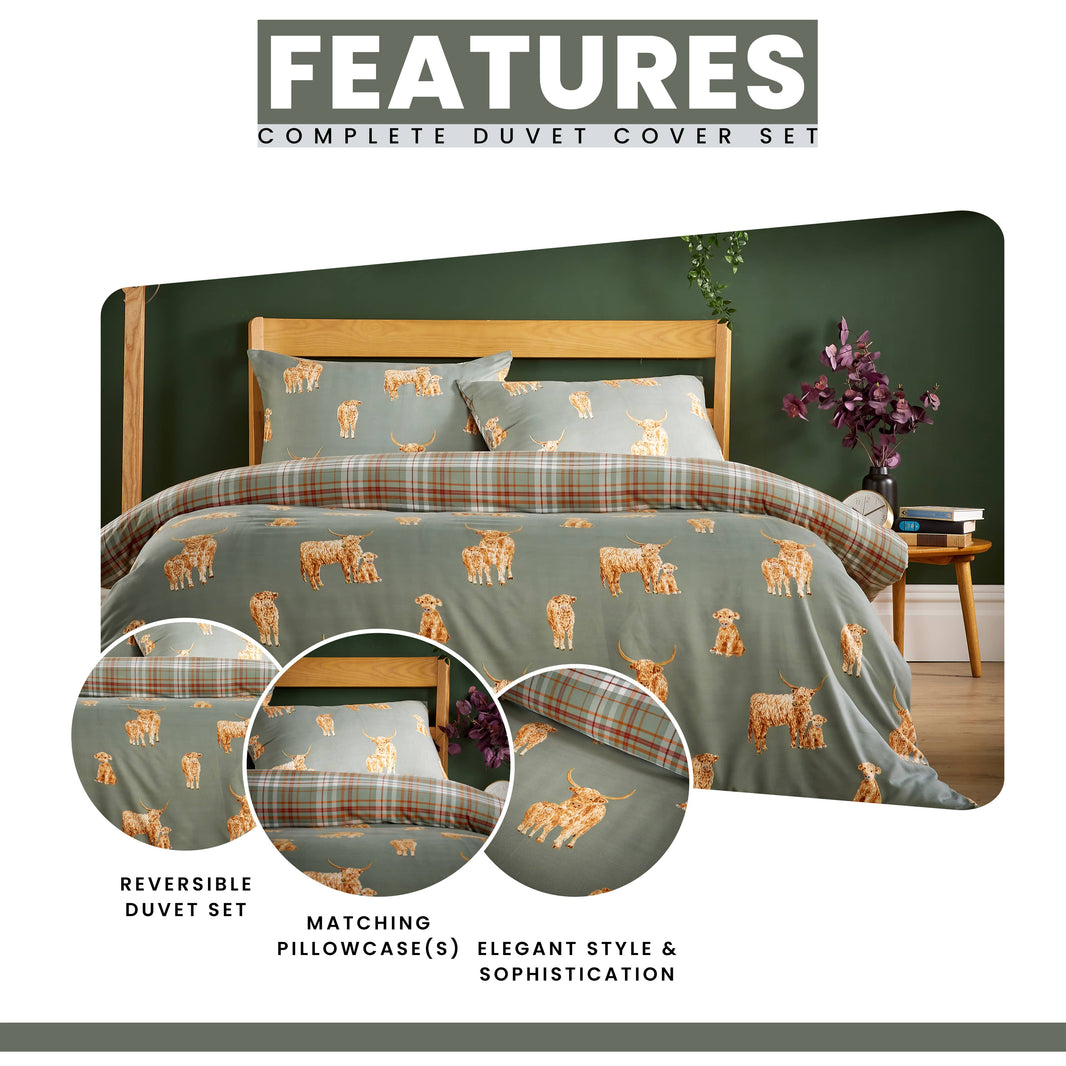 OLIVIA ROCCO Highland Cow Sage Printed Reversible Duvet Cover Set Quilted Polyester Blend with Button Closure Single Double King Size Duvet Cover