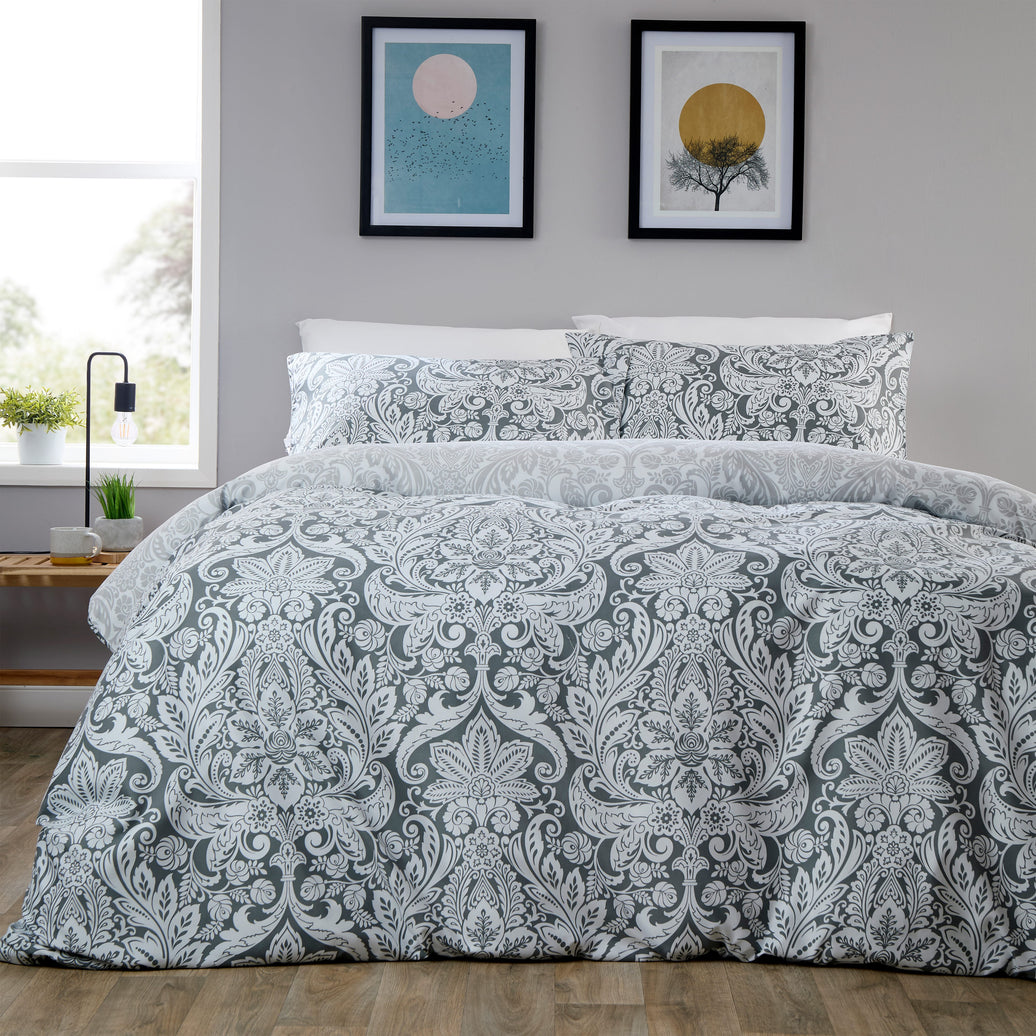 OLIVIA ROCCO Aria Grey Printed Reversible Duvet Cover Set Quilted Polyester Blend with Button Closure Single Double King Size SINGLE Duvet Cover