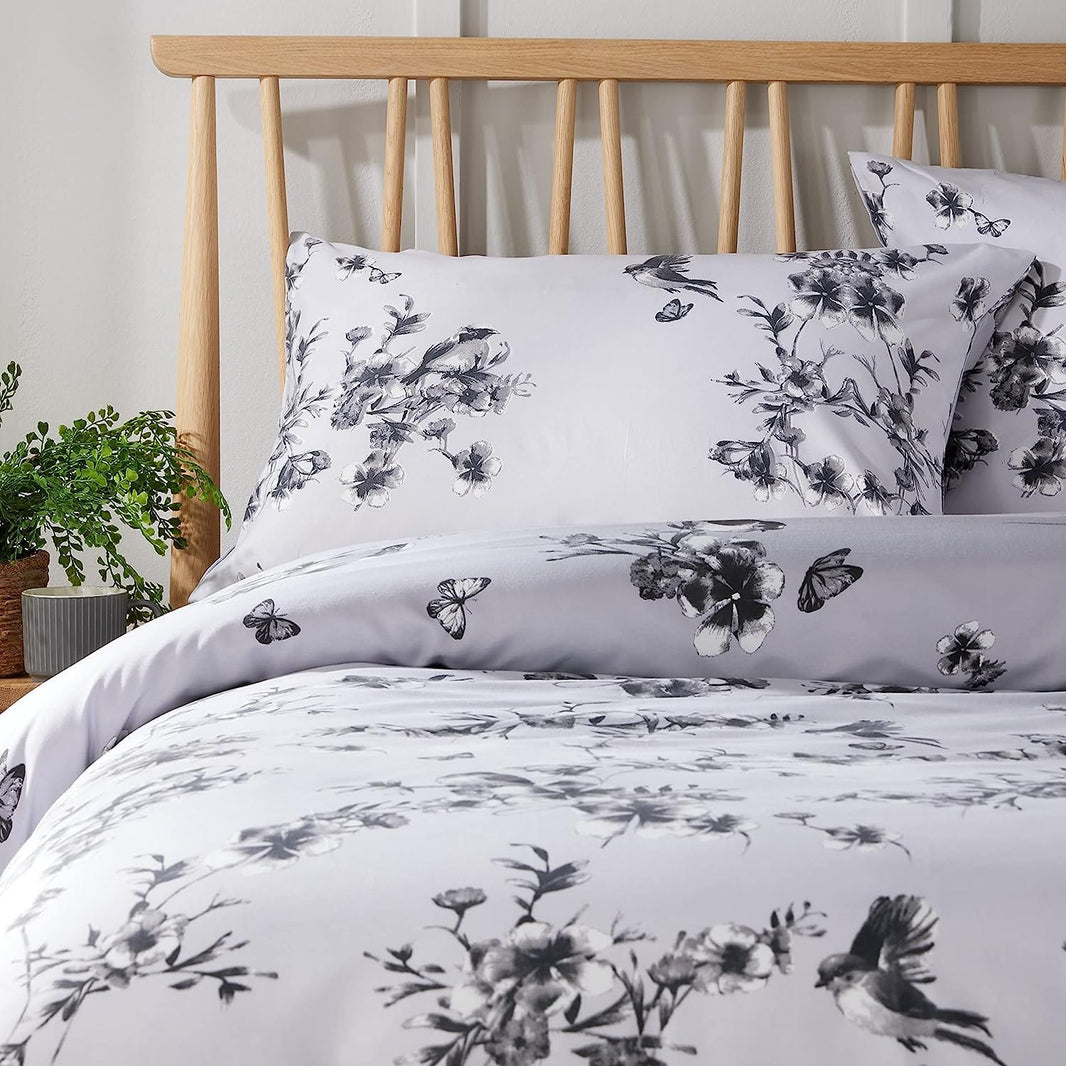 Blossom Grey Reversible Duvet Cover Set Elegant & Comfortable Polyester Blend with Button Closure Available in Single Double King Sizes by OLIVIA ROCCO Duvet Cover