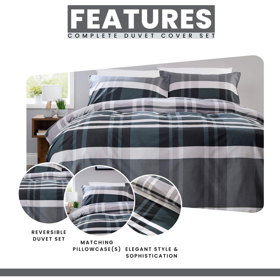 OLIVIA ROCCO Dylan Check Black Grey Printed Reversible Duvet Cover Set Quilted Polyester Blend with Button Closure Single Double King Size Duvet Cover