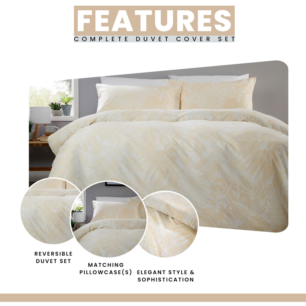 OLIVIA ROCCO Fern - Natural Printed Reversible Duvet Cover Set Quilted Polyester Blend with Button Closure Single Double King Size Duvet Cover