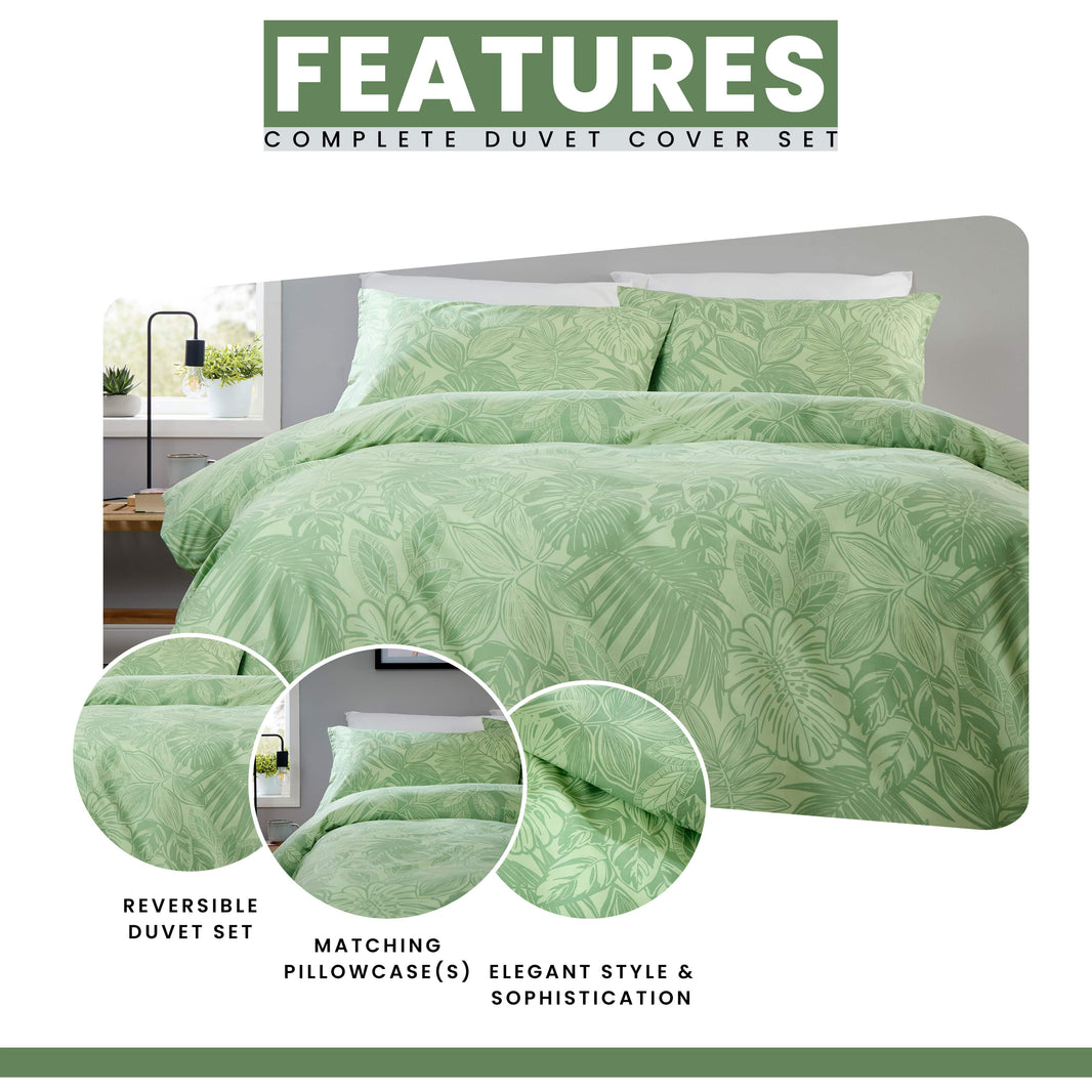 OLIVIA ROCCO Fern - Sage Green Printed Reversible Duvet Cover Set Quilted Polyester Blend with Button Closure Single Double King Size Duvet Cover
