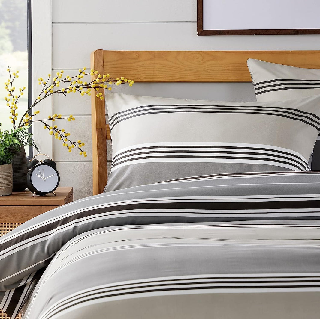 Harlow Stripes Grey Reversible Quilted Duvet Cover Set with Button Closure Available in Single Double King Sizes by OLIVIA ROCCO Duvet Cover