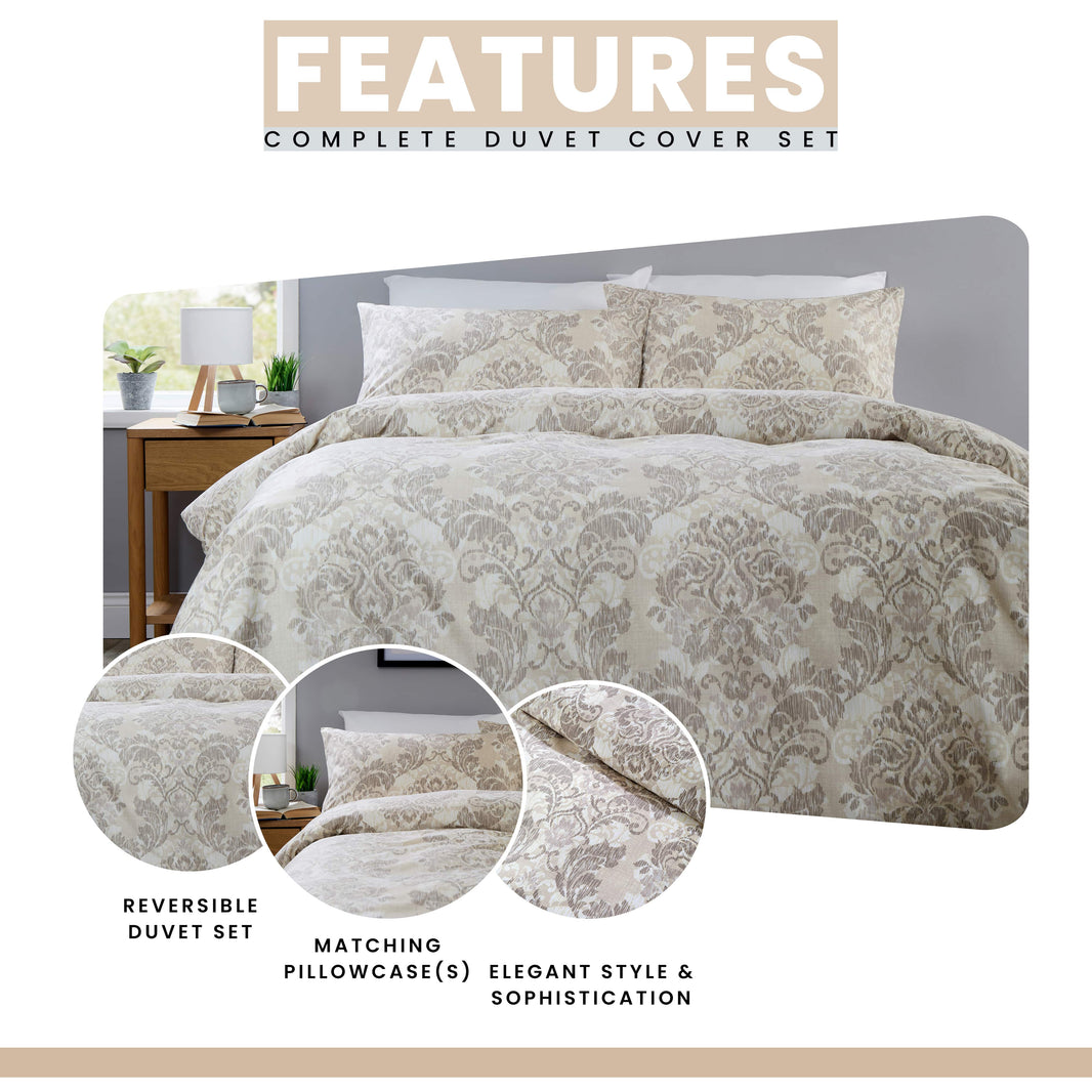 OLIVIA ROCCO Regal Damask Natural Brown Printed Reversible Duvet Cover Set Quilted Microfibre Blend with Button Closure Single Double King Size Duvet Cover