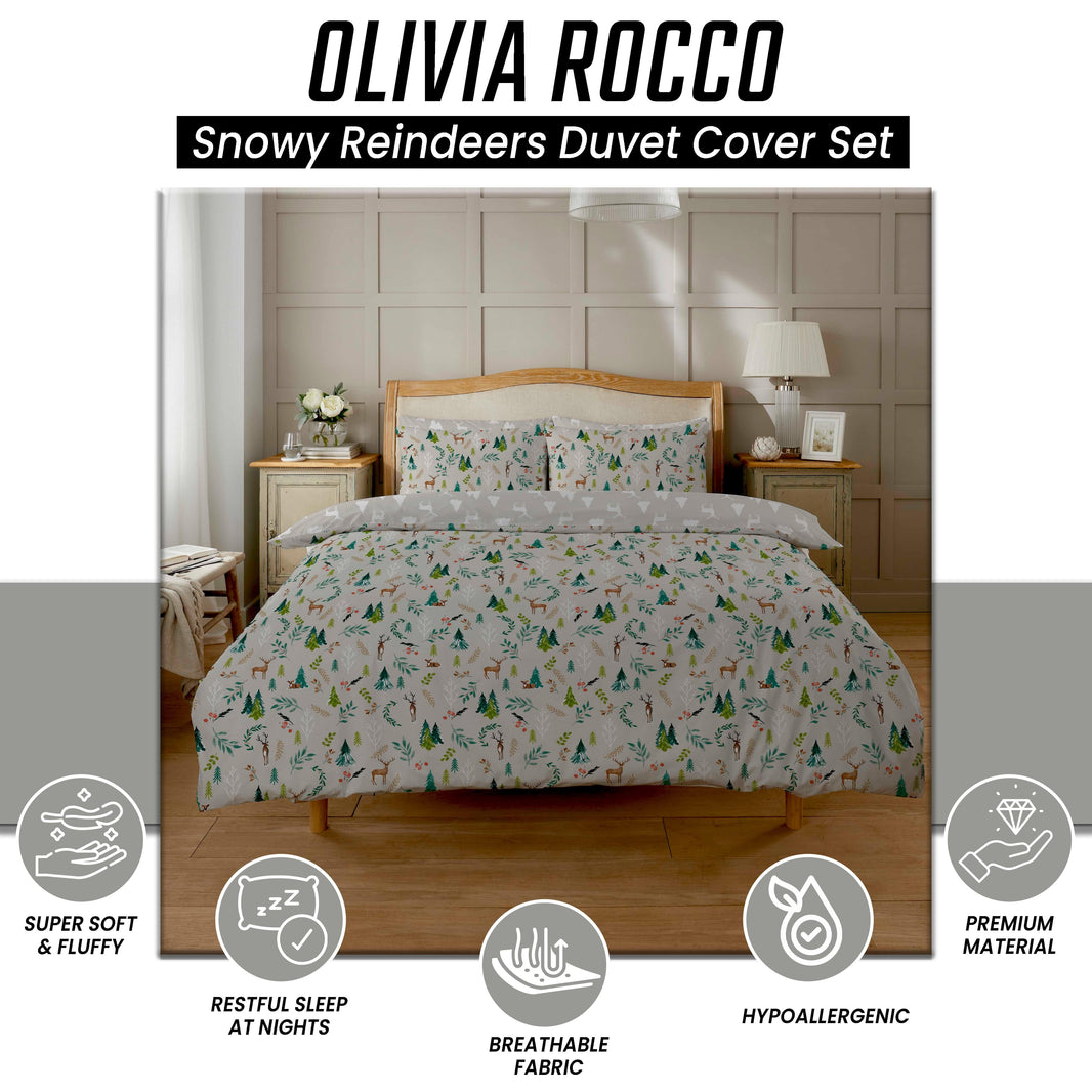 Snowy Reindeers Reversible Duvet Cover Set with Pillowcases Soft Polycotton Quilt Bedding for Year-Round Comfort by OLIVIA ROCCO Duvet Cover