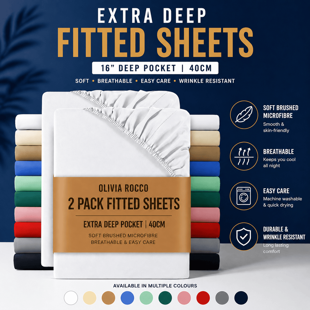 OLIVIA ROCCO 2 Pack Extra Deep Fitted Sheets 16 Inch Deep 40 cm Soft Brushed Microfibre Breathable Easy Care Bottom Sheet Fitted Sheet