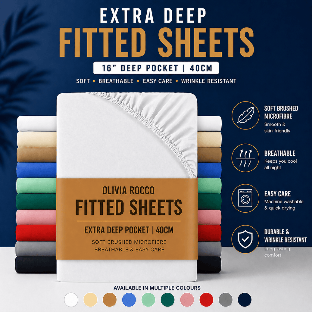 OLIVIA ROCCO Extra Deep Pocket Fitted Sheet 40cm Pocket Depth Soft Brushed Microfibre Easy Care Machine Washable Shrink Fade Resistant Fitted Sheet