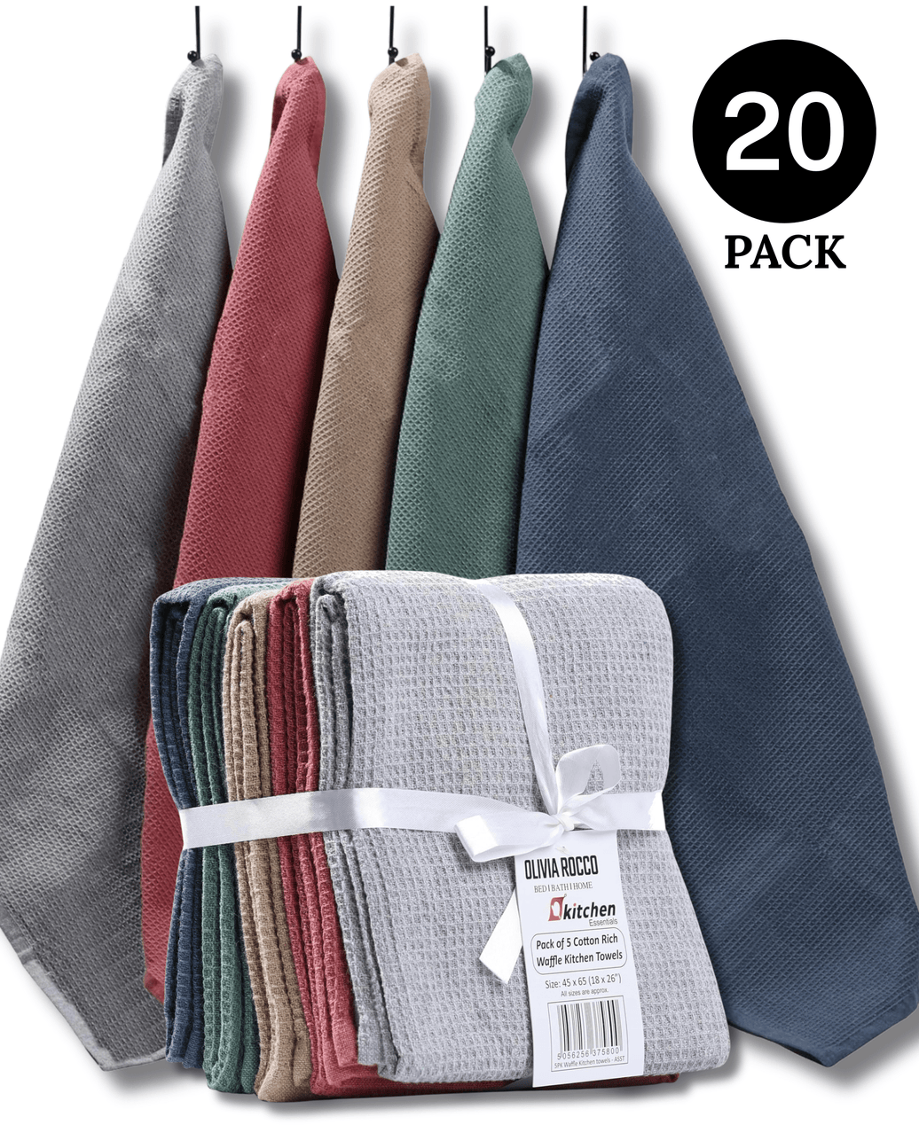 20 Pack Tea Towel Waffle Kitchen Tea Towels Cotton Absorbent Long Lasting Catering Bar Dish Towel Assorted by OLIVIA ROCCO ASSORTED Tea Towel