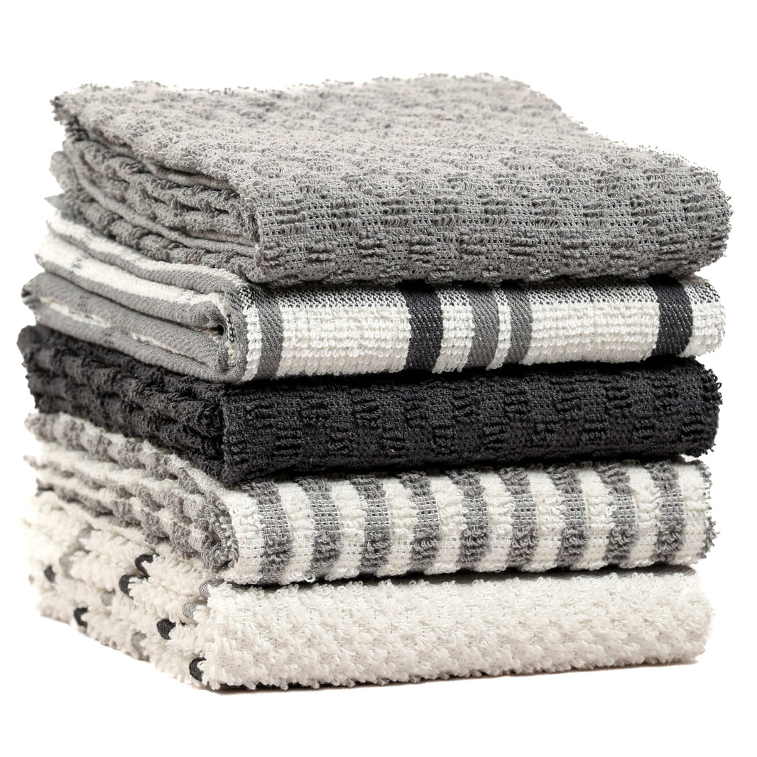 5 Pack Super Absorbent Check Quick Drying Cotton Terry Kitchen Tea Towels Durable Versatile Dish Towels for Home and Professional Use 45cm x 65cm by OLIVIA ROCCO GREY Tea Towel