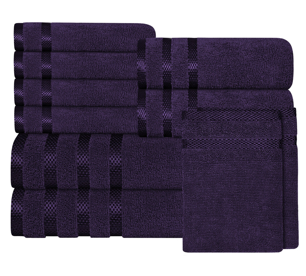 Belmont Viscose Stripe Purple Towels 100% Cotton Hotel Quality Super Absorbent 10 Piece Bale Set, 4 Hand Towel & 12 Face Cloths by OLIVIA ROCCO 10 PK TOWEL BALE / PURPLE Towels