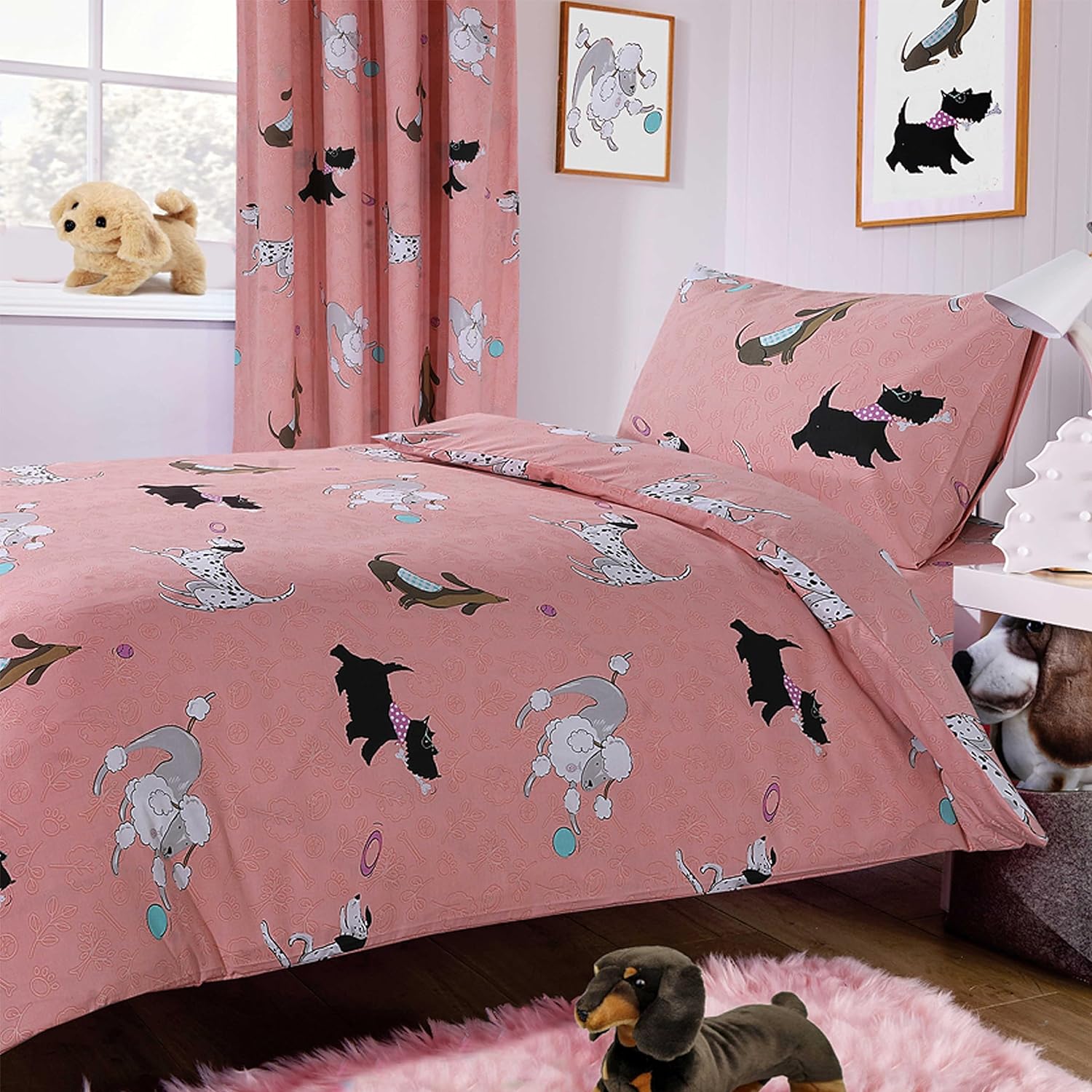 Pink Dog Print Duvet Cover Set with Matching Curtains Cosy Cotton