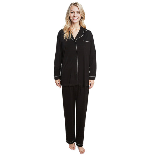 Women's Black Pyjama Set Soft Touch Long Sleeve Button-Up Top & Bottoms Two-Piece Nightwear by Daisy Dreamer BLACK / S Pyjamas
