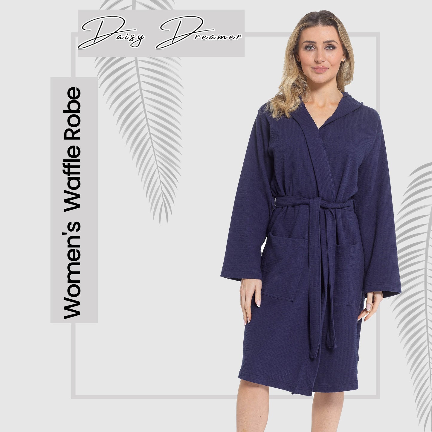 Women's Hooded Waffle Cotton Bathrobe Navy Super Absorbent Spa Dressing Gown for Home Lounge & Travel by Daisy Dreamer Bathrobe
