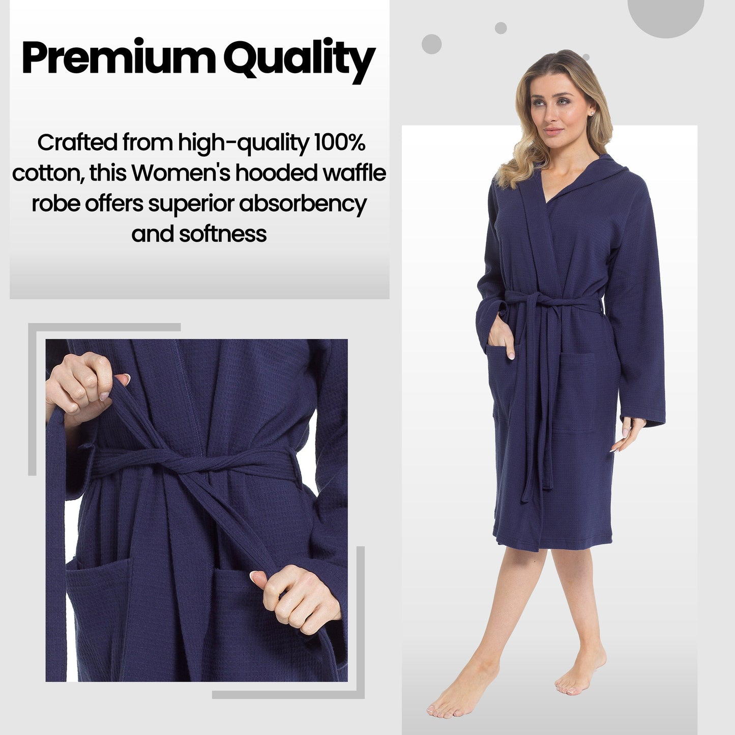 Women's Hooded Waffle Cotton Bathrobe Navy Super Absorbent Spa Dressing Gown for Home Lounge & Travel by Daisy Dreamer Bathrobe