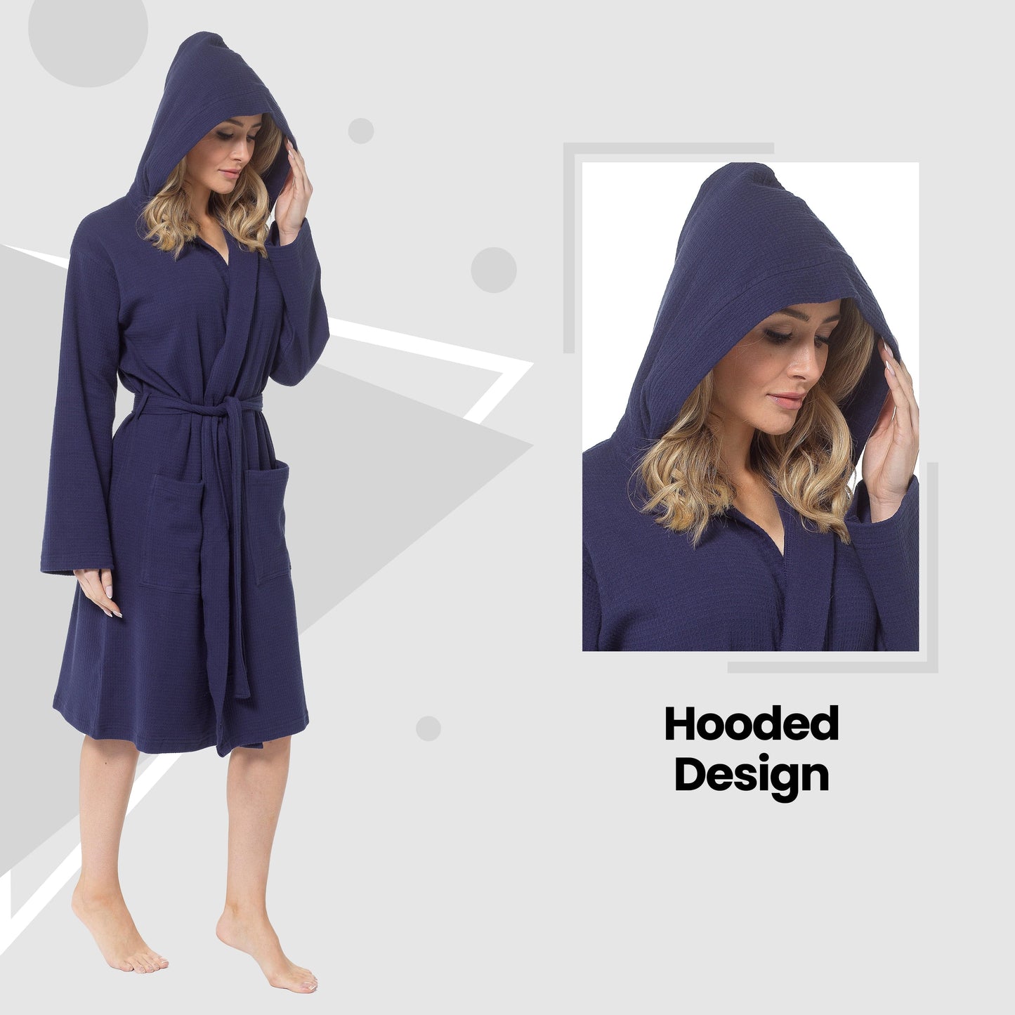 Women's Hooded Waffle Cotton Bathrobe Navy Super Absorbent Spa Dressing Gown for Home Lounge & Travel by Daisy Dreamer Bathrobe