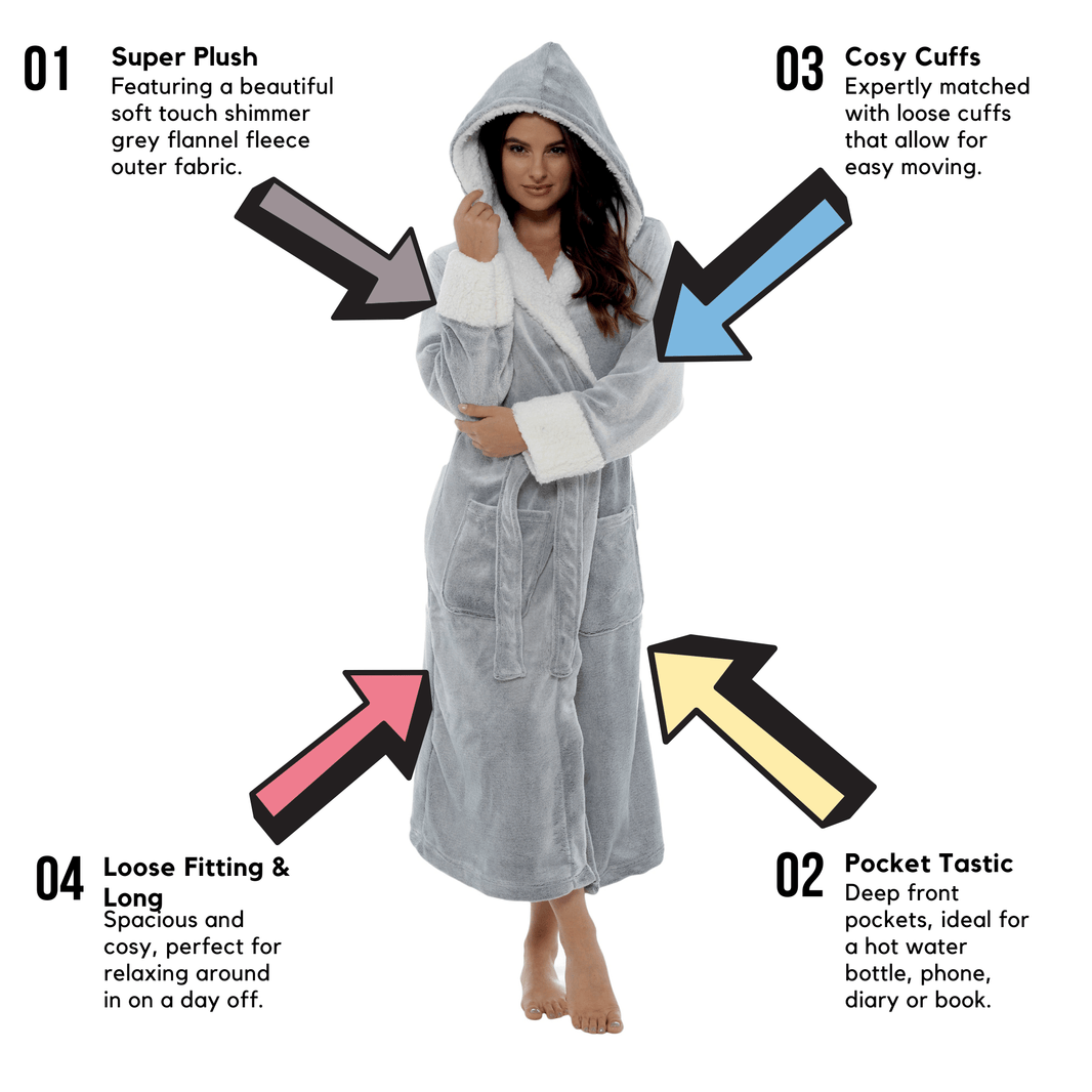 Women's Shimmer Fleece Hooded Bath Robe Soft Plush Luxurious Dressing Gown Perfect for Lounging and Cosy Nights in Shimmer Grey Multiple Sizes by Daisy Dreamer Dressing Gown