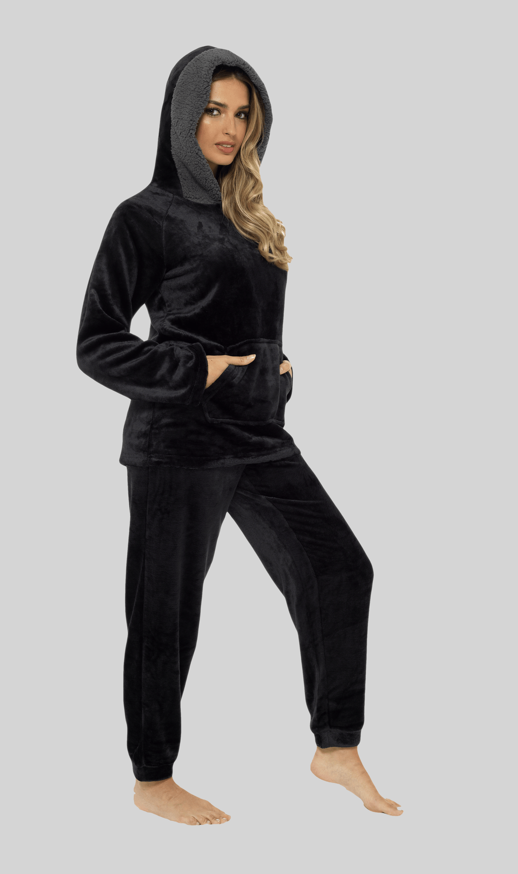 Women's Ultra-Soft Black Plush Fleece Hooded Pyjama Set with Sherpa Lining Cosy Durable Nightwear Sizes S to XL by Daisy Dreamer SMALL | UK 8-10 Pyjamas