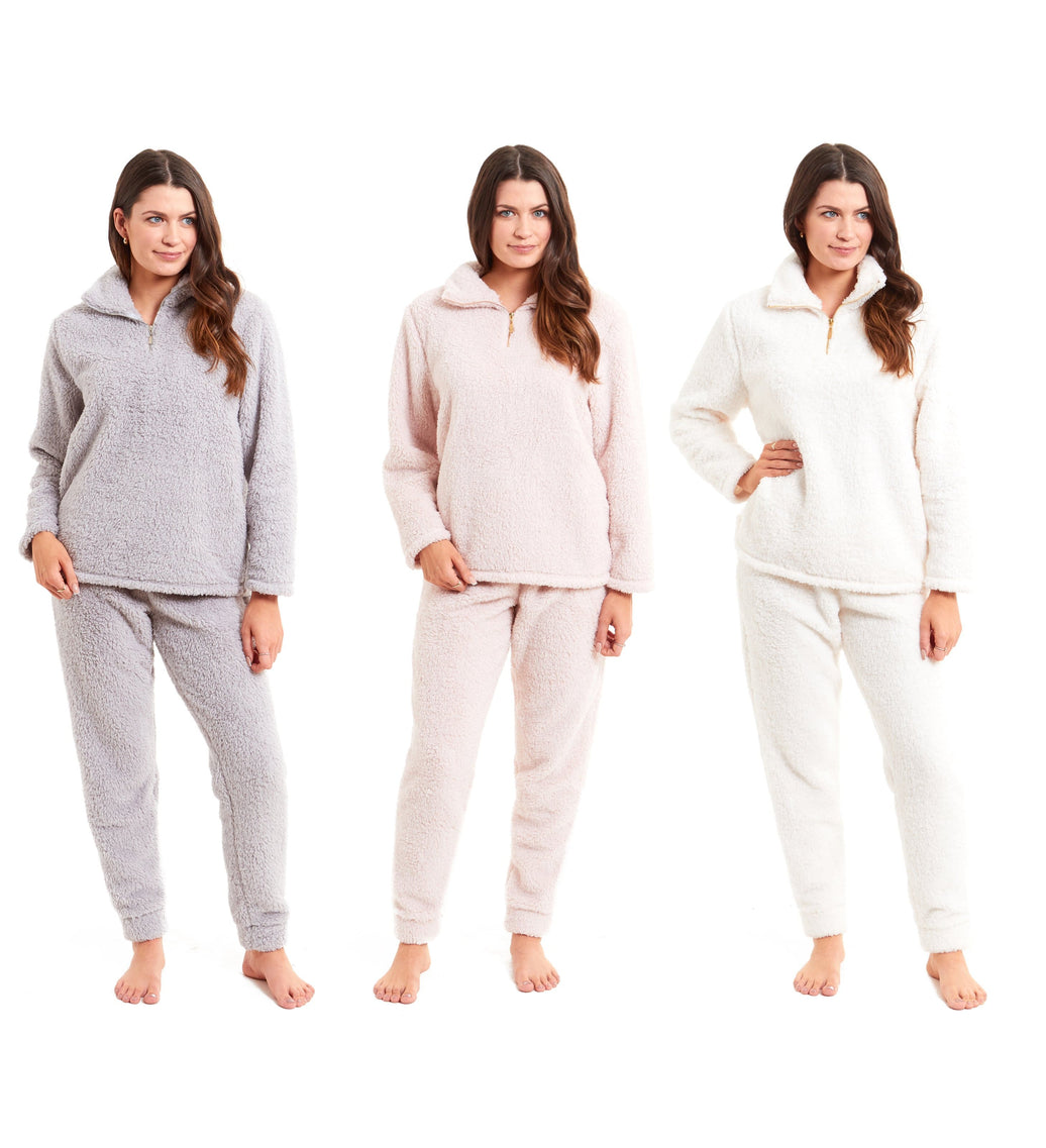 Women's Super Soft Teddy Fleece Lounge Set Cosy Fluffy Zip-Up Pyjama with Elasticated Waistband Warm Nightwear by Daisy Dreamer Pyjamas