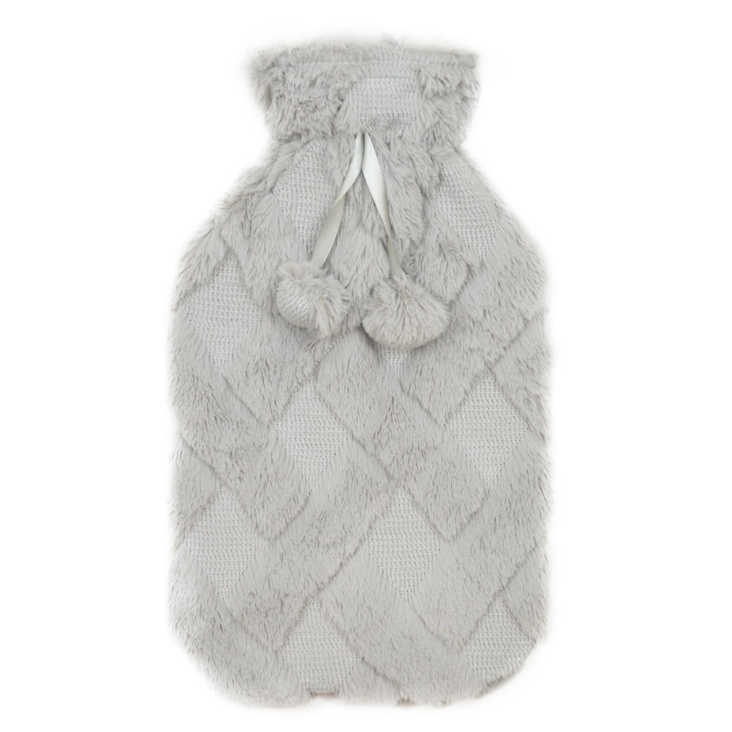 Diamond Fleece Plush Hot Water Bottle 2L with Pom Poms for Ultimate Warmth and Comfort Natural Rubber UK Safe Tested Ideal Gift for Adults Kids by OLIVIA ROCCO GREY Hot Water Bottle