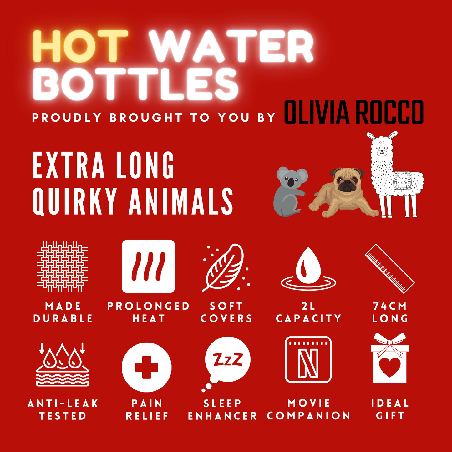 Extra Long 2L Hot Water Bottle with Plush Faux Fur Cover Durable Natural Rubber UK Safe Tested Cosy Nights Ideal Gift for Adults Kids by OLIVIA ROCCO Hot Water Bottle