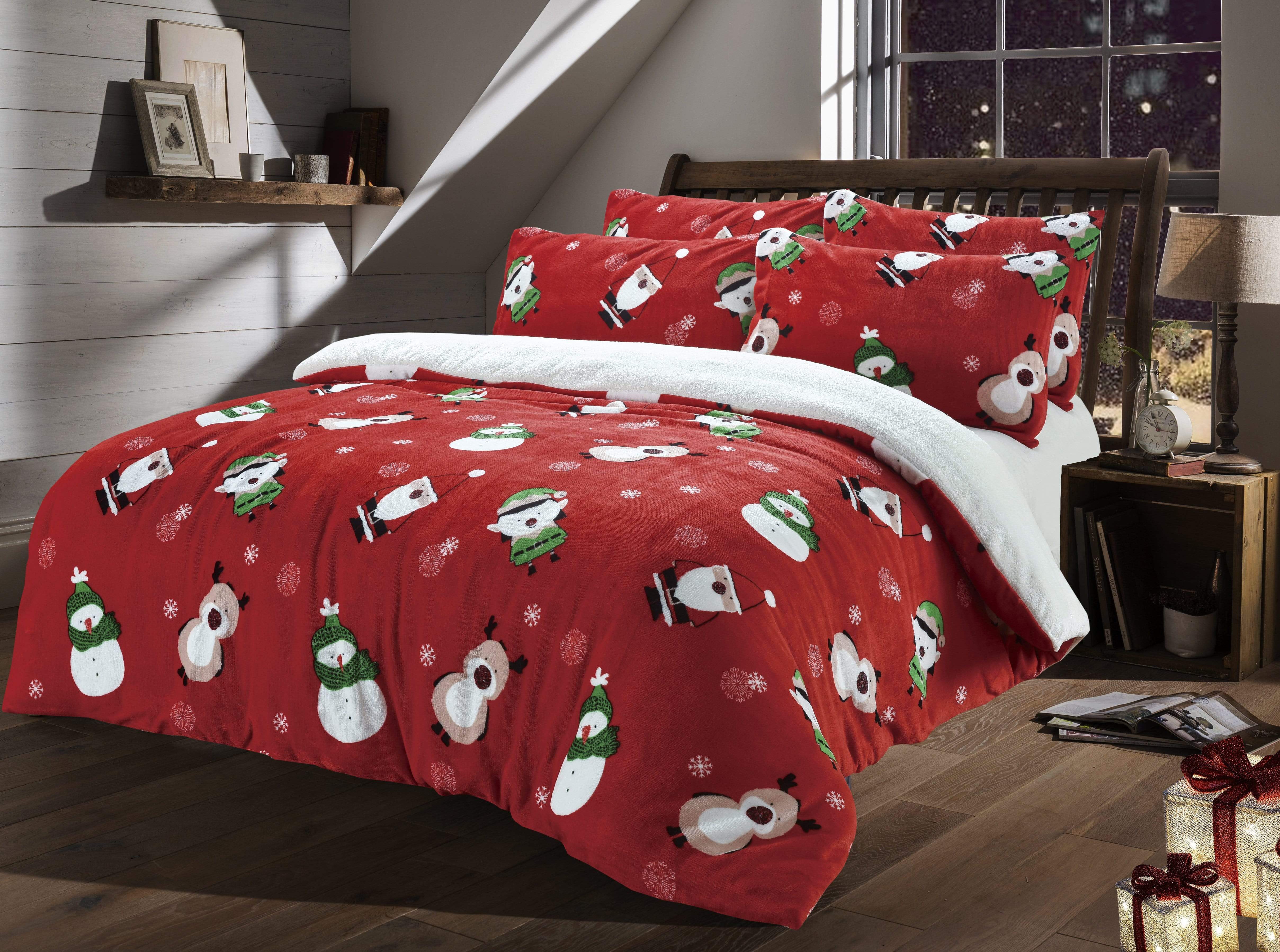 Festive Christmas Reversible Teddy Fleece Duvet Set with Faux Fur