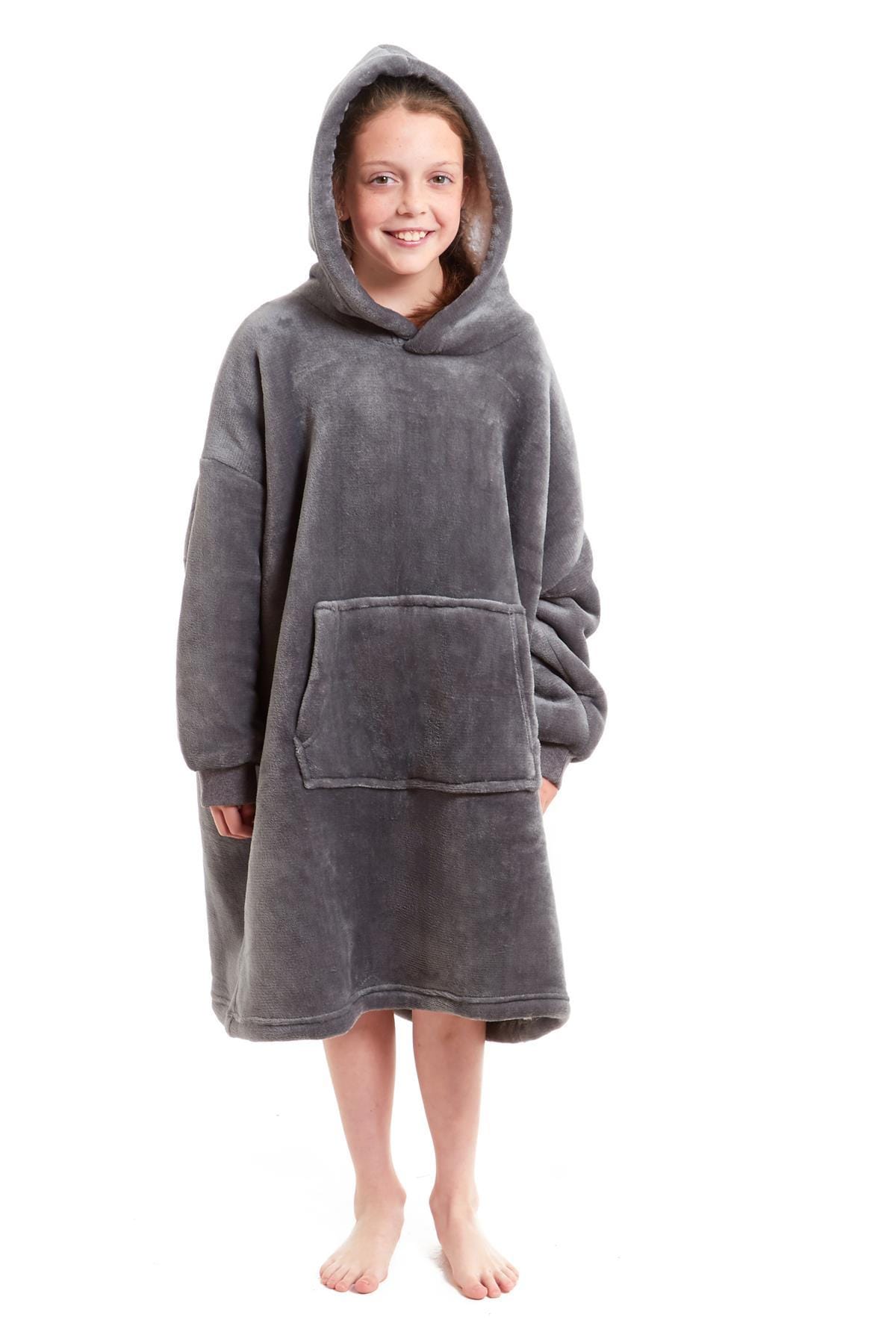 Kids Oversized Hooded Fleece Blanket Ultra-Soft Sherpa Fur with Elastic Cuffs and Double Pocket for Ages 8-15 by Daisy Dreamer GREY Hooded Blanket