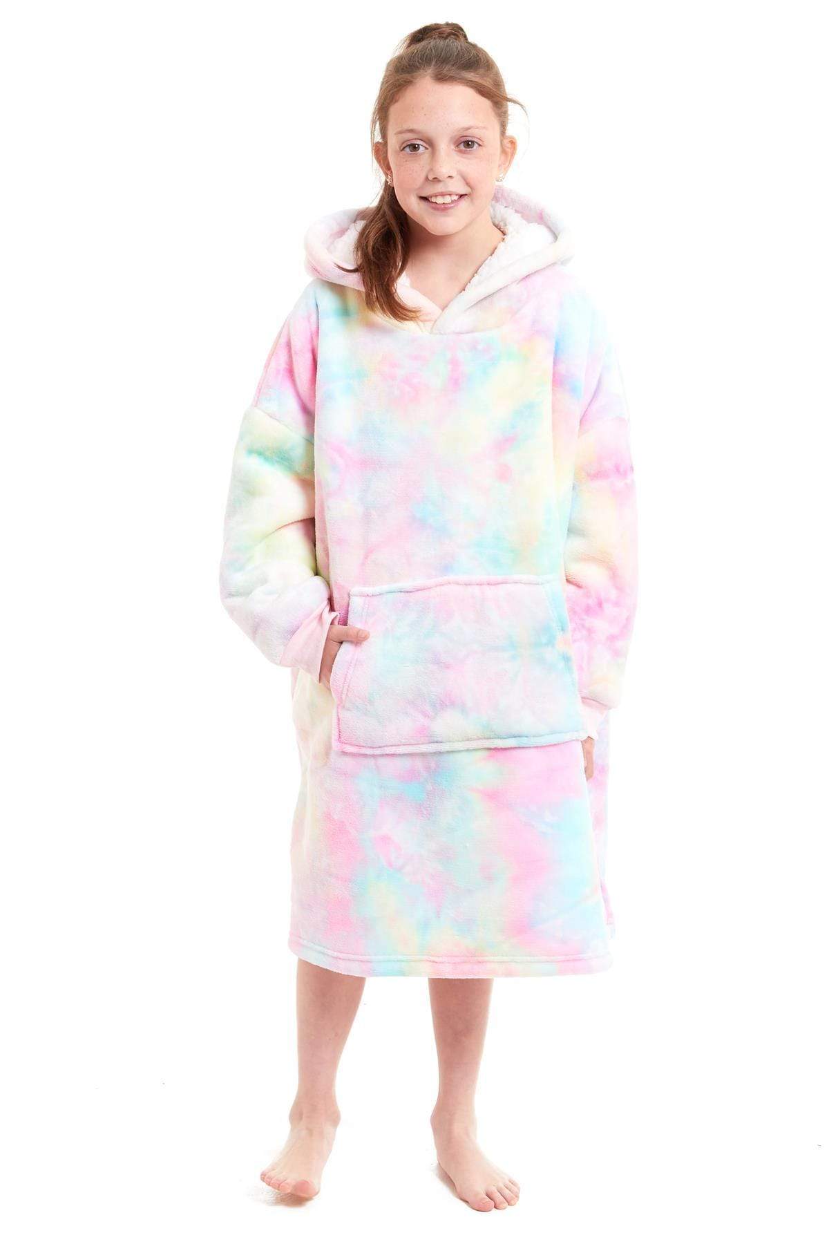 Kids Oversized Hooded Fleece Blanket Ultra-Soft Sherpa Fur with Elastic Cuffs and Double Pocket for Ages 8-15 by Daisy Dreamer Hooded Blanket