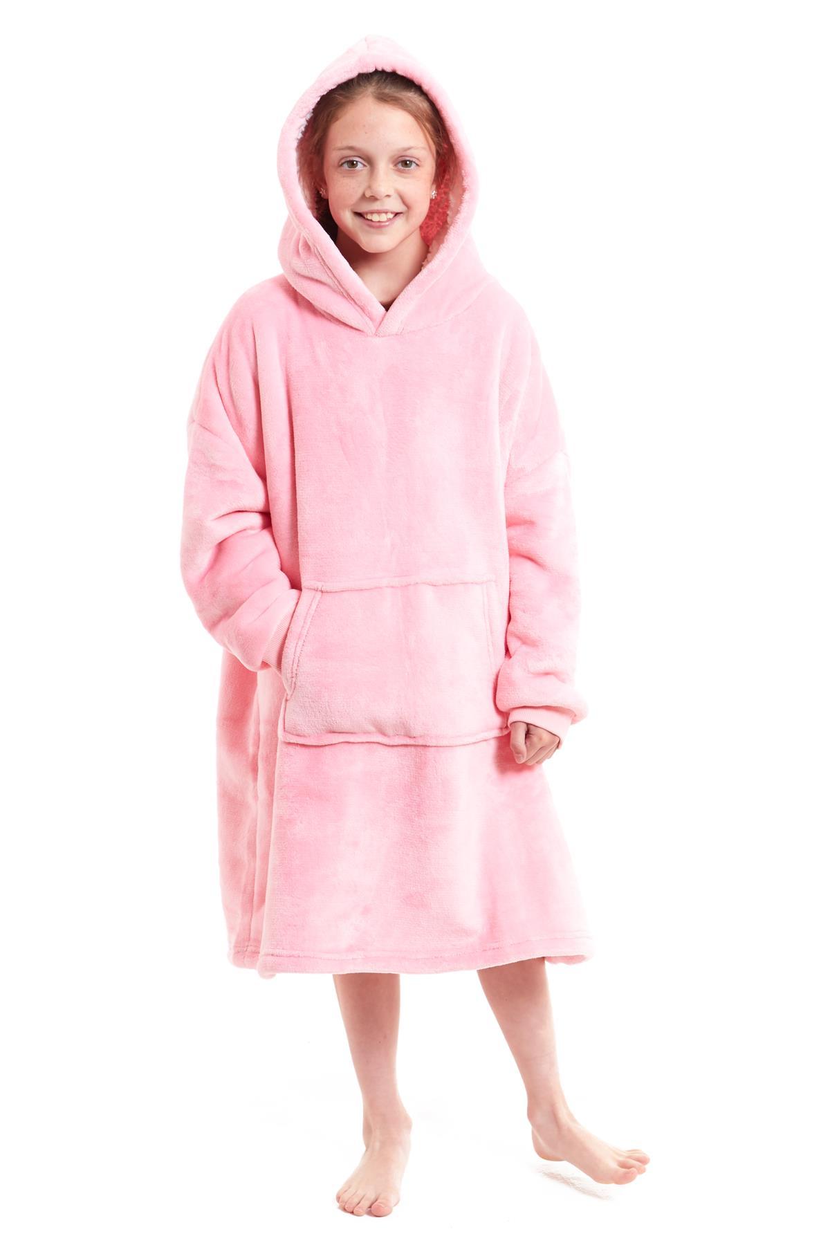 Kids Oversized Hooded Fleece Blanket Ultra-Soft Sherpa Fur with Elastic Cuffs and Double Pocket for Ages 8-15 by Daisy Dreamer PINK Hooded Blanket