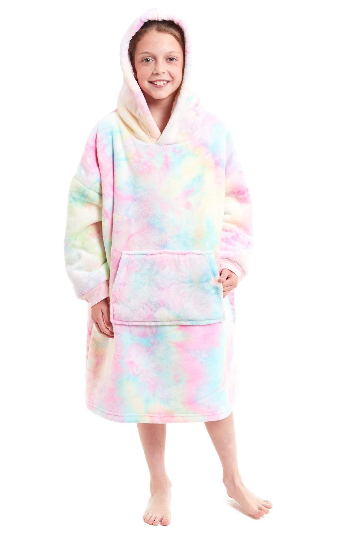 Kids Oversized Hooded Fleece Blanket Ultra-Soft Sherpa Fur with Elastic Cuffs and Double Pocket for Ages 8-15 by Daisy Dreamer RAINBOW Hooded Blanket