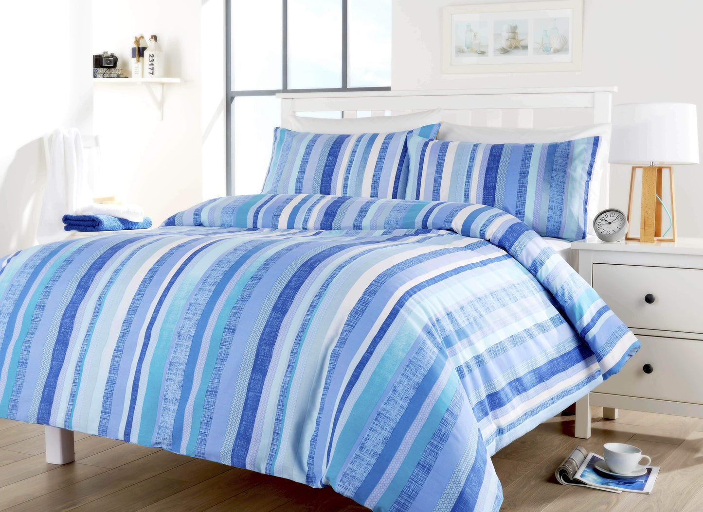 Maine Stripe Luxurious Cotton Rich Duvet Set with Elegant Striped Design in Single Double King Super King Sizes OEKO-TEX Certified by OLIVIA ROCCO SINGLE / BLUE Duvet Cover
