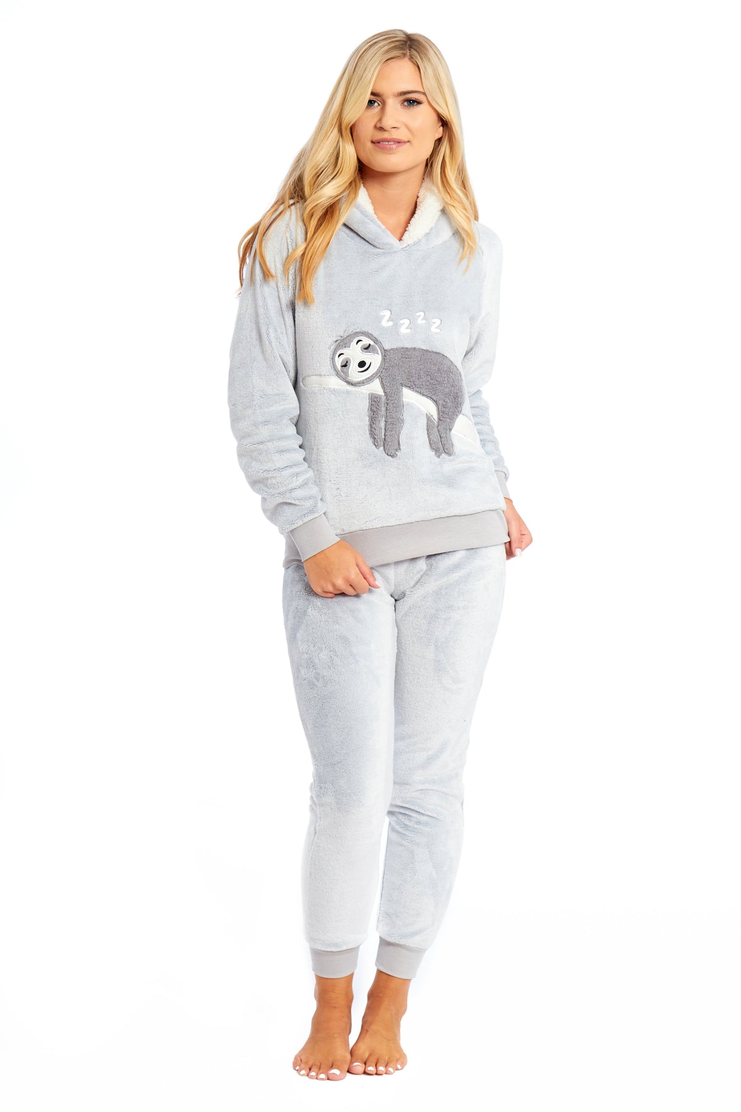 Matching Mother Daughter Plush Fleece Hooded Pyjama Set with Embroidered Sloth Design Ultra-Soft Sherpa-Lined Nightwear for Girls and Women by Daisy Dreamer Pyjamas