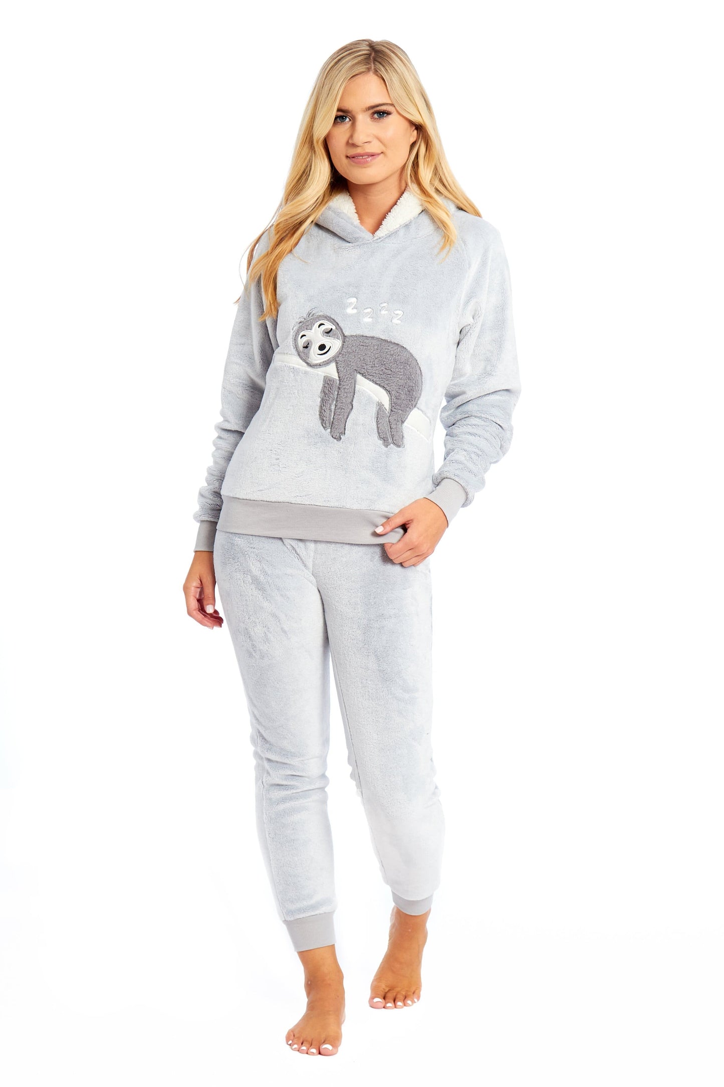Matching Mother Daughter Plush Fleece Hooded Pyjama Set with Embroidered Sloth Design Ultra-Soft Sherpa-Lined Nightwear for Girls and Women by Daisy Dreamer Pyjamas